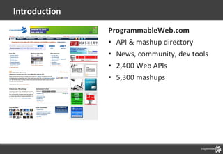 Introduction ProgrammableWeb.com API & mashup directory News, community, dev tools 2,400 Web APIs  5,300 mashups 
