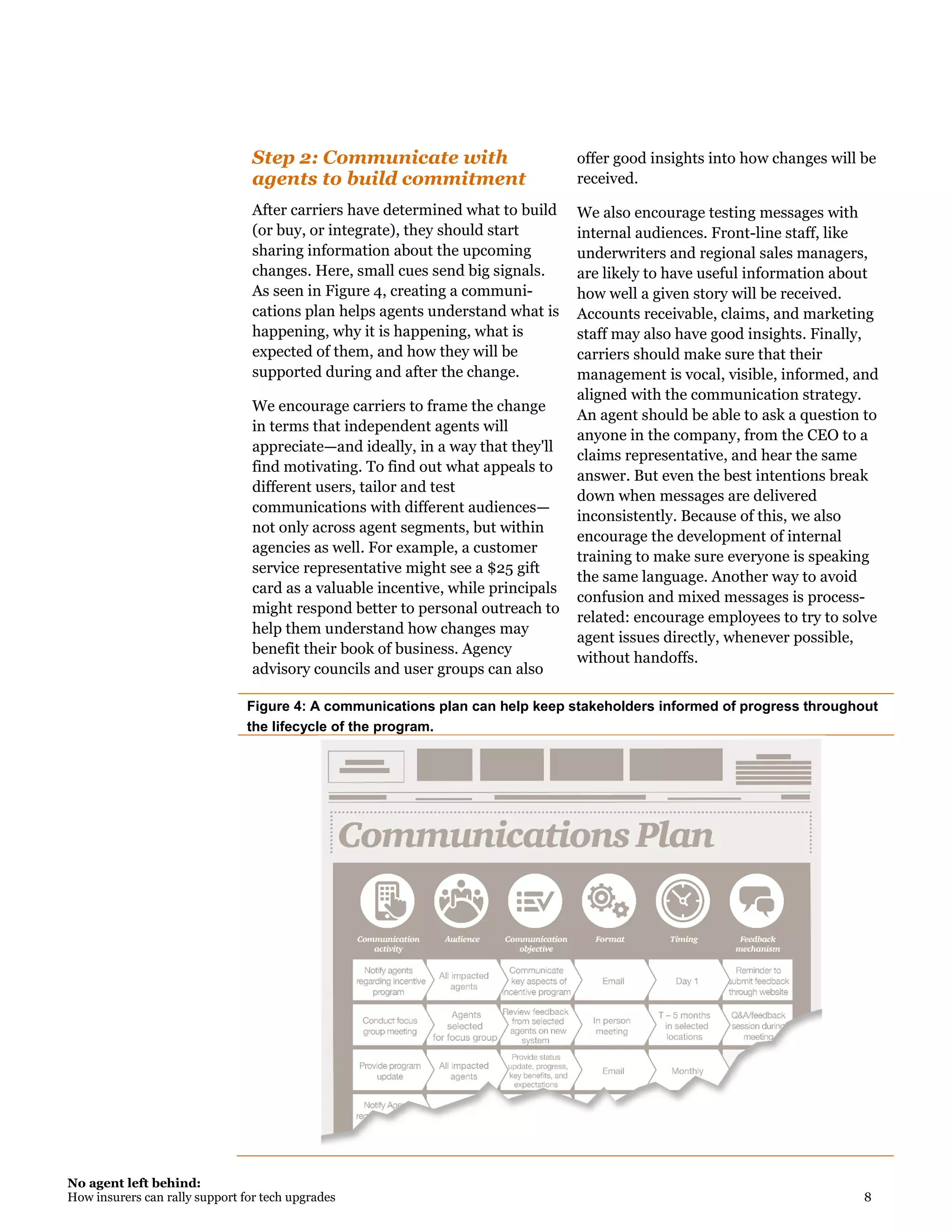 No agent left behind:
How insurers can rally support for tech upgrades 8
Step 2: Communicate with
agents to build commitment
After carriers have determined what to build
(or buy, or integrate), they should start
sharing information about the upcoming
changes. Here, small cues send big signals.
As seen in Figure 4, creating a communi-
cations plan helps agents understand what is
happening, why it is happening, what is
expected of them, and how they will be
supported during and after the change.
We encourage carriers to frame the change
in terms that independent agents will
appreciate—and ideally, in a way that they'll
find motivating. To find out what appeals to
different users, tailor and test
communications with different audiences—
not only across agent segments, but within
agencies as well. For example, a customer
service representative might see a $25 gift
card as a valuable incentive, while principals
might respond better to personal outreach to
help them understand how changes may
benefit their book of business. Agency
advisory councils and user groups can also
offer good insights into how changes will be
received.
We also encourage testing messages with
internal audiences. Front-line staff, like
underwriters and regional sales managers,
are likely to have useful information about
how well a given story will be received.
Accounts receivable, claims, and marketing
staff may also have good insights. Finally,
carriers should make sure that their
management is vocal, visible, informed, and
aligned with the communication strategy.
An agent should be able to ask a question to
anyone in the company, from the CEO to a
claims representative, and hear the same
answer. But even the best intentions break
down when messages are delivered
inconsistently. Because of this, we also
encourage the development of internal
training to make sure everyone is speaking
the same language. Another way to avoid
confusion and mixed messages is process-
related: encourage employees to try to solve
agent issues directly, whenever possible,
without handoffs.
Figure 4: A communications plan can help keep stakeholders informed of progress throughout
the lifecycle of the program.
 