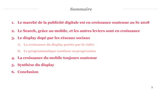 1. Le marché de la publicité digitale est en croissance soutenue au S1 2018
2. Le Search, grâce au mobile, et les autres leviers sont en croissance
3. Le display dopé par les réseaux sociaux
A. La croissance du display portée par la vidéo
B. Le programmatique continue sa progression
4. La croissance du mobile toujours soutenue
5. Synthèse du display
6. Conclusion
3
Sommaire
 