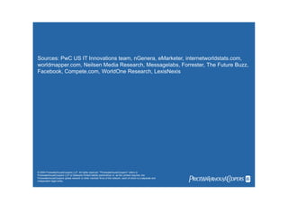 Sources: PwC US IT Innovations team, nGenera, eMarketer, internetworldstats.com,
worldmapper.com, Neilsen Media Research, Messagelabs, Forrester, The Future Buzz,
Facebook, Compete.com, WorldOne Research, LexisNexis




© 2009 PricewaterhouseCoopers LLP. All rights reserved. "PricewaterhouseCoopers" refers to


                                                                                                              PwC
PricewaterhouseCoopers LLP (a Delaware limited liability partnership) or, as the context requires, the
PricewaterhouseCoopers global network or other member firms of the network, each of which is a separate and
independent legal entity.
 