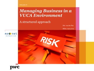 www.pwc.nl



Managing Business in a
VUCA Environment
A structured approach
                        Piet van der Plas

                        Milan, 0304.2012
 