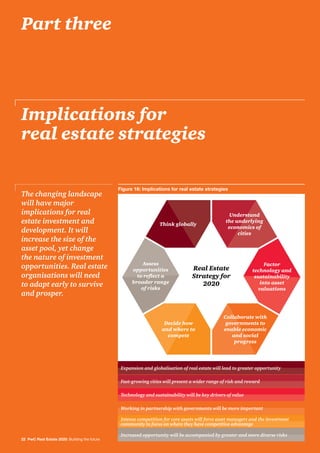 Implications for
real estate strategies
The changing landscape
will have major
implications for real
estate investment and
development. It will
increase the size of the
asset pool, yet change
the nature of investment
opportunities. Real estate
organisations will need
to adapt early to survive
and prosper.
22 PwC Real Estate 2020: Building the future
Figure 16: Implications for real estate strategies
Expansion and globalisation of real estate will lead to greater opportunity
Working in partnership with governments will be more important
Fast-growing cities will present a wider range of risk and reward
Intense competition for core assets will force asset managers and the investment
community to focus on where they have competitive advantage
Technology and sustainability will be key drivers of value
Increased opportunity will be accompanied by greater and more diverse risks
Real Estate
Strategy for
2020
Think globally
Decide how
and where to
compete
Factor
technology and
sustainability
into asset
valuations
Understand
the underlying
economics of
cities
Collaborate with
governments to
enable economic
and social
progress
Assess
opportunities
to reflect a
broader range
of risks
Part three
 