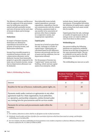 The Ministry of Finance and Revenue             Non-deductible items include                   include shares, bonds and similar
  with the approval of the government             capital expenditure, personal                  instruments. If intangibles fall within
  may, by notification, prescribe,                expenditure, expenditure that do               the definition of capital assets, capital
  amend and add assessable income                 not commensurate with the volume               gains arising from such assets would
  and rates of income tax for each class          of business, payments made to                  also be taxable.
  of income in Kyats and in foreign               any member of an association of
  currency.                                       persons other than a company                   Capital gains from the sale, exchange
                                                  or a cooperative society, and                  or transfer of capital assets in the oil
  Deductions                                      inappropriate expenditure.                     and gas sector are taxed at different
                                                                                                 rates from those in other sectors.
  In respect of business income,                  Capital gains
  deductions are allowed for                                                                     Withholding tax
  expenditures incurred for the                   Income tax is levied on gains from
  purpose of earning income, and                  the sale, exchange or transfer of              Any person making the following
  depreciation allowance.                         capital assets. Capital gains are              payments are required to withhold
                                                  calculated based on the difference             income tax at the time of payment at
  Income from movable property is                 between sale proceeds and the cost             the rates mentioned below. The tax
  considered business income, and                 of assets and any additions, less tax          so withheld is to be paid to the IRD
  a depreciation allowance can be                 depreciation allowed.                          within seven days from the date of
  deducted. Income from immovable                                                                withholding.
  property is generally computed in the           For the purpose of income tax,
  same way as business income, except             “capital asset” means any land,                The withholding tax rates are as such:
  that no depreciation allowance can              building, vehicle and any capital
  be deducted.                                    assets of an enterprise, which


  Table 6: Withholding Tax Rates
                                                                                           Resident National         Non-resident or
                                                                                           or Foreigner (%)           Foreigner (%)
                                                                                                  (1)                      (3)

   Interest                                                                                         0                         15

   Royalties for the use of licences, trademarks, patent rights, etc.                              15                         20


   Payments made under contracts or agreements or any other                                         2                         3.5
   agreement made by a State organisation, local authorities,
   co-operatives, partnership companies, entities formed under
   any existing laws for procurements and for services render.	

   Payments for services and procurements made within the                                           2                         3.5
   country.		

  Note:
  1)	 For residents, deductions as above shall be set off against tax due on final assessment.
  2)	 Dividends, branch profits and share of profits of an association of persons which have been taxed are exempt, and therefore
      withholding tax is not deductible.
  3)	 For non-residents, the above withholding tax from payments to non-resident companies is a final tax (Ministry of Finance and
      Revenue notification No. 41/2010 of 10 March 2010).




20	PwC
 