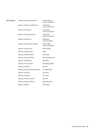 Key ministers	 Ministry of Rail Transportation	           U Chan Maung
		                                                        (since 9 July 2012)

	 Ministry of Finance and Revenue	                        U Win Shein
		                                                        (since 9 July 2012)

	 Ministry of Transport	                                  U Han Sein
		                                                        (since 9 July 2012)

	 Ministry of Communications	                             U Win Than
		                                                        (since 9 July 2012)

	 Ministry of Education	                                  Myo Myint
		                                                        (since July 2012)

	 Ministry of the President’s Office	                     U Thant Shin
		                                                        (since 9 July 2012)

	                 Ministry of Agriculture	                Myint Hlaing

	                 Ministry of Home Affairs	               Ko Ko

	                 Ministry of Border Affairs	             Thein Htay

	                 Ministry of Foreign Affairs	            Wunna Maung Lwin

	                 Ministry of Commerce	                   Win Myint

	                 Ministry of Construction	               Khin Maung Myint

	                 Ministry of Defence	                    Hla Min

	                 Ministry of National Planning & Dev.	   Tin Naing Thein

	                 Ministry of Energy	                     Than Htay

	                 Ministry of Industry	                   Soe Thein

	                 Ministry of Electric Power 1	           Zaw Min

	                 Ministry of Electric Power 2	           Khin Maung Soe

	                 Ministry of Mines	                      Thein Htaik




										                      39
          Myanmar Business Guide	
 