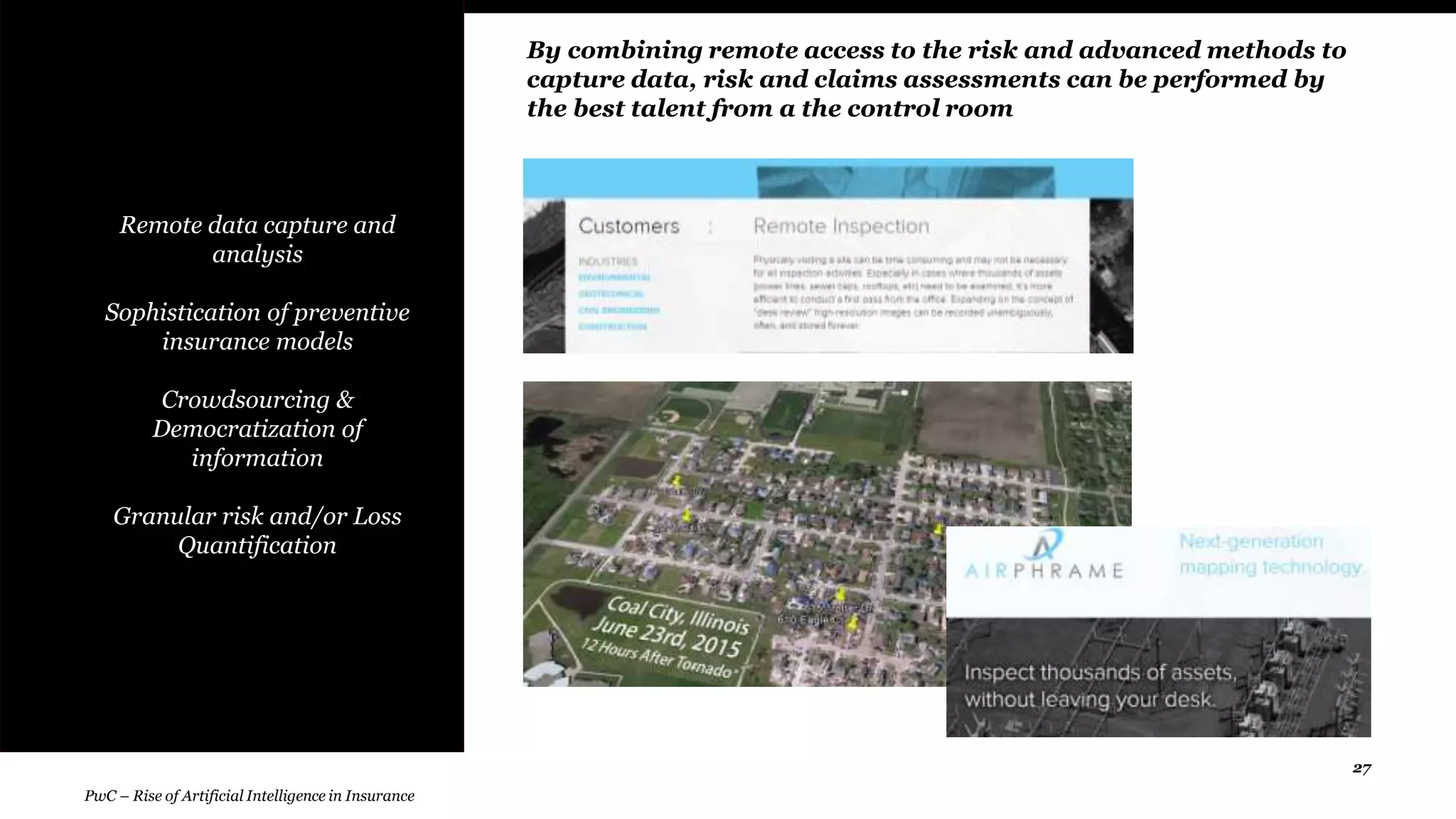 27
• Remote data capture and
analysis
Sophistication of preventive
insurance models
Crowdsourcing &
Democratization of
information
Granular risk and/or Loss
Quantification
By combining remote access to the risk and advanced methods to
capture data, risk and claims assessments can be performed by
the best talent from a the control room
PwC – Rise of Artificial Intelligence in Insurance
 