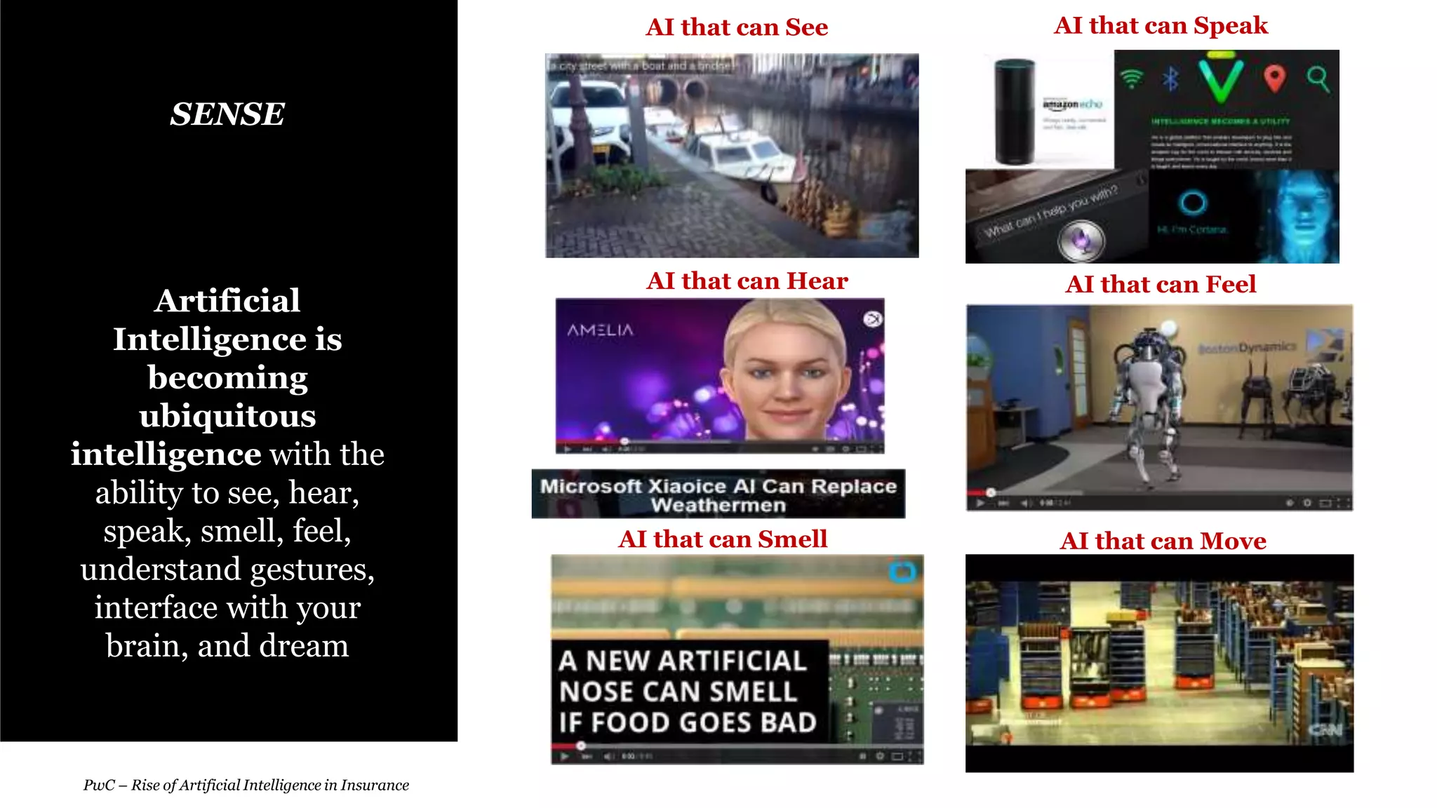 5
PwC – Rise of Artificial Intelligence in Insurance
SENSE
Artificial
Intelligence is
becoming
ubiquitous
intelligence with the
ability to see, hear,
speak, smell, feel,
understand gestures,
interface with your
brain, and dream
AI that can See
AI that can Hear
AI that can Speak
AI that can Feel
AI that can MoveAI that can Smell
 