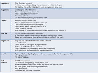 Appearance

•
•
•

Wear shoes you can run in
Avoid scarves necklace and bags that can be used to hold or choke you
War clothing that can be left on during sex in case you have to run away

Negotiation

•
•
•
•
•

Stick to a price list and time limit
Pick your own parking spot our hotel
Have a supply of condoms and lube
Get money up front
Use the same stroll/ places you are familiar with

The Car

•
•
•
•
•
•

Approach from the driver’s side
Arrange services and locations while outside car
Circle the car looking for other passengers
Take down the license plate or pretend to do it
Do not fasten the seatbelt
Wave goodbye to someone and shout the time of your return – or pretend to

Oral Sex

•
•
•

Learn to put a condom on with your mouth
At ejaculation, keep pressure on condo with your lips to prevent leakage
Gargle with mouthwash or liquor afterwards, but do not bursh your teeth

Vaginal Sex

•
•
•
•
•
•

Keep area well lubricated with water-soluble lubricant
Use birth control
Do not douche or use vaginal-drying substances
Position yourself on top, facing customer
Keep hand on base of penis to keep it hard and avoid spillage
After ejaculation, remove penis from vagina immediately

Anal Sex

•
•
•

Try to avoid this act by charging so much customers cant afford it – it has greater risks
Use extra lubricant
Use female condoms

SelfDefense

•
•
•
•
•
•

Do NOT carry weapons
Use your voice and speed (eg scream, hit car horn)
Attack body areas that are easily injured (eg, throat, eyes, testicles, shins)
Run away against tract, towards lights and people
Work with friends
Tell work makes about bad costumers

 
