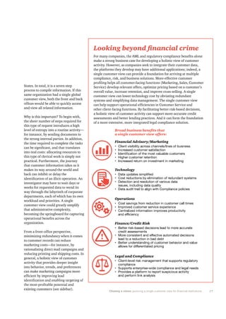 ³¿µ» ¿ -¬®±²¹ ¾«-·²»-- ½¿-» º±® ¼»ª»´±°·²¹ ¿ ¸±´·-¬·½ ª·»© ±º ½«-¬±³»®
¿½¬·ª·¬§ò Ø±©»ª»®ô ¿- ½±³°¿²·»- -»»µ ¬± ·²¬»¹®¿¬» ¬¸»·® ½«-¬±³»® ¼¿¬¿ô
¬¸» °´¿¬º±®³- ¬¸»§ ¼»ª»´±° ³¿§ ¸¿ª» ¿¼¼·¬·±²¿´ ¿°°´·½¿¬·±²-å ·²¼»»¼ô ¿
-·²¹´» ½«-¬±³»® ª·»© ½¿² °®±ª·¼» ¿ º±«²¼¿¬·±² º±® ¿®®·ª·²¹ ¿¬ ³«´¬·°´»
½±³°´·¿²½»ô ®·-µô ¿²¼ ¾«-·²»-- -±´«¬·±²-ò Ó±®»ó»ºº»½¬·ª» ½«-¬±³»®
Í»®ª·½»÷ ¼»ª»´±° ®»´»ª¿²¬ ±ºº»®­ô ±°¬·³·¦» °®·½·²¹ ¾¿­»¼ ±² ¿ ½«­¬±³»®Ž­
±ª»®¿´´ ª¿´«»ô ·²½®»¿-» ®»¬»²¬·±²ô ¿²¼ ·³°®±ª» ½®±--ó-»´´·²¹ò ß -·²¹´»
½«-¬±³»® ª·»© ½¿² ´±©»® ¬»½¸²±´±¹§ ½±-¬ ¾§ ±¾ª·¿¬·²¹ ®»¼«²¼¿²¬
-§-¬»³- ¿²¼ -·³°´·º§·²¹ ¼¿¬¿ ³¿²¿¹»³»²¬ò Ì¸» -·²¹´» ½«-¬±³»® ª·»©
±¬¸»® ½´·»²¬óº¿½·²¹ º«²½¬·±²-ò Þ§ º¿½·´·¬¿¬·²¹ ¾»¬¬»® ®·-µó¾¿-»¼ ¼»½·-·±²-ô
¿ ¸±´·-¬·½ ª·»© ±º ½«-¬±³»® ¿½¬·ª·¬§ ½¿² -«°°±®¬ ³±®»ó¿½½«®¿¬» ½®»¼·¬
¿--»--³»²¬- ¿²¼ ¾»¬¬»® ´»²¼·²¹ °®¿½¬·½»-ò ß²¼ ·¬ ½¿² º±®³ ¬¸» º±«²¼¿¬·±²
±º ¿ ³±®» »¨¬»²-·ª»ô ³±®» ·²¬»¹®¿¬»¼ ´»¹¿´ ½±³°´·¿²½» -±´«¬·±²ò
Í¬¿¬»-ò ×² ¬±¬¿´ô ·¬ ·- ¿ -»ª»²ó-¬»°
°®±½»-- ¬± ½±³°·´» ·²º±®³¿¬·±²ò ×º ¬¸·-
-¿³» ±®¹¿²·¦¿¬·±² ¸¿¼ ¿ -·²¹´» ¹´±¾¿´
½«-¬±³»® ª·»©ô ¾±¬¸ ¬¸» º®±²¬ ¿²¼ ¾¿½µ
¿²¼ ª·»© ¿´´ ®»´¿¬»¼ ·²º±®³¿¬·±²ò
É¸§ ·- ¬¸·- ·³°±®¬¿²¬á Ì± ¾»¹·² ©·¬¸ô
¬¸» -¸»»® ²«³¾»® ±º -¬»°- ®»¯«·®»¼ º±®
¬¸·- ¬§°» ±º ®»¯«»-¬ ·²¬®±¼«½»- ¿ ¸·¹¸
´»ª»´ ±º »²¬®±°§ ·²¬± ¿ ®±«¬·²» ¿½¬·ª·¬§‰
º±® ·²-¬¿²½»ô ¾§ -»²¼·²¹ ¼±½«³»²¬- ¬±
¬¸» ©®±²¹ ·²¬»®²¿´ °¿®¬·»-ò ×² ¿¼¼·¬·±²ô
¬¸» ¬·³» ®»¯«·®»¼ ¬± ½±³°´»¬» ¬¸» ¬¿-µ-
·²¬± ®»¿´ ½±-¬-æ ¿´´±½¿¬·²¹ ®»-±«®½»- ¬±
¬¸·- ¬§°» ±º ½´»®·½¿´ ©±®µ ·- -·³°´§ ²±¬
°®¿½¬·½¿´ò Ú«®¬¸»®³±®»ô ¬¸» ¶±«®²»§
¬¸¿¬ ½«-¬±³»® ·²º±®³¿¬·±² ¬¿µ»- ¿- ·¬
³¿µ»- ·¬- ©¿§ ¿®±«²¼ ¬¸» ©±®´¼ ¿²¼
¾¿½µ ½¿² ·²¸·¾·¬ ±® ¼»´¿§ ¬¸»
·²ª»-¬·¹¿¬±® ³¿§ ¸¿ª» ¬± ©¿·¬ ¼¿§- ±®
©»»µ- º±® ®»¯«»-¬»¼ ¼¿¬¿ ¬± ©»²¼ ·¬-
©¿§ ¬¸®±«¹¸ ¬¸» ´¿¾§®·²¬¸ ±º ½±®°±®¿¬»
¼»°¿®¬³»²¬-ô »¿½¸ ±º ©¸·½¸ ¸¿- ·¬- ±©²
©±®µ´±¿¼ ¿²¼ °®·±®·¬·»-ò ß -·²¹´»
½«-¬±³»® ª·»© ½±«´¼ ¹®»¿¬´§ -·³°´·º§
¬¸¿¬ ¿¼³·²·-¬®¿¬·ª» ½±³°´»¨·¬§ô
¾»½±³·²¹ ¬¸» -°®·²¹¾±¿®¼ º±® ½¿°¬«®·²¹
±®¹¿²·¦¿¬·±²ò
³·²·³·¦·²¹ ®»¼«²¼¿²½§ ©¸»² ·¬ ½±³»-
¬± ½«-¬±³»® ®»½±®¼- ½¿² ®»¼«½»
³¿®µ»¬·²¹ ½±­¬­‰º±® ·²­¬¿²½»ô ¾§
®¿¬·±²¿´·¦·²¹ ¼·®»½¬ ³¿·´ ½¿³°¿·¹²- ¿²¼
®»¼«½·²¹ °®·²¬·²¹ ¿²¼ -¸·°°·²¹ ½±-¬-ò ×²
¹»²»®¿´ô ¿ ¸±´·-¬·½ ª·»© ±º ½«-¬±³»®
¿½¬·ª·¬§ ¬¸¿¬ °®±ª·¼»- ¼»»°»® ·²-·¹¸¬
·²¬± ¾»¸¿ª·±®ô ¬®»²¼-ô ¿²¼ °®»º»®»²½»-
½¿² ³¿µ» ³¿®µ»¬·²¹ ½¿³°¿·¹²- ³±®»
»¨·-¬·²¹ ½«-¬±³»®- ø-»» -·¼»¾¿®÷ò
¿ -·²¹´» ½«-¬±³»® ª·»© ±ºº»®-æ
Ú·²¿²½·¿´ ß¼ª·-±®§ñÓ¿®µ»¬·²¹
Ì»½¸²±´±¹§
Ñ°»®¿¬·±²-
Ú·²¿²½»ñÝ®»¼·¬ Î·-µ
Ô»¹¿´ ¿²¼ Ý±³°´·¿²½»
Ý¸¿-·²¹ ¿ ª·-·±²æ ïé
 