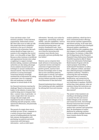 Ý»¿-»ó¿²¼ó¼»-·-¬ ±®¼»®-ò Ý·ª·´
³±²»¬¿®§ °»²¿´¬·»-ò Ý±-¬´§ ´±±µó¾¿½µ
®»¯«·®»³»²¬-ò Û²º±®½»³»²¬ ¿½¬·±²-
´·µ» ¬¸»-» ±º¬»² -»®ª» ¿- ©¿µ»ó«° ½¿´´-
¬¸¿¬ °®±°»´ ¼¿¬¿ó¼®·ª»² ½±³°´·¿²½»
·²­¬·¬«¬·±²Ž­ ´·­¬ ±º °®·±®·¬·»­ò Þ«¬ ­«½¸
¿½¬·±²- -¸±«´¼ ²± ´±²¹»® ½±³» ¿- ¿
-«®°®·-» ¬± ¬¸» ½±³°¿²·»- ¬¸¿¬ ®»½»·ª»
¬¸»³‰±® ¬± ¬¸» °«¾´·½ ¿¬ ´¿®¹»ò É¸§á
Þ»½¿«-» ¿- ¼¿¬¿ ½±²¬·²«»- ¬± °®±´·º»®¿¬»
¿²¼ ±®¹¿²·¦¿¬·±²- ¾»½±³» ³±®» ¿¼»°¬
¿¬ ¿°°´§·²¹ ·¬ ¬± -«°°±®¬ -¬®¿¬»¹·½
¼»½·-·±² ³¿µ·²¹ô »¨¿³·²»®- ¿²¼ º»¼»®¿´
¿«¬¸±®·¬·»- ¿®» ¿´-± ¬¿µ·²¹ ¿¼ª¿²¬¿¹»
±º ²»© ¿²¿´§¬·½-óº±½«-»¼ ¬±±´- ¿²¼
¬»½¸²·¯«»- ¬± «²½±ª»® ©»¿µ²»--»- ·²
·²¬»®²¿´ ½±²¬®±´-ò Ì¸»§ ¸¿ª» ¾»½±³»
½±²²»½¬·±²- ¾»¬©»»² -»»³·²¹´§
«²®»´¿¬»¼ ¾·¬- ±º ·²º±®³¿¬·±² ¾§ ¬¿µ·²¹
¿ °¿²±®¿³·½ ª·»© ±º ¿ ½±³°¿²§Ž­
¼¿¬¿ ¿²¼ ¿²¿´§¦·²¹ ·¬ ¬± ·¼»²¬·º§
»¨°±-«®» ¬± ª¿®·±«- µ·²¼- ±º ®·-µò
½¸¿´´»²¹»á Þ¿-»¼ ±² ¼·-½«--·±²- ©·¬¸
´»¿¼»®- ·² ¬¸» ·²¼«-¬®§ô ·¬ -»»³- ¬¸»§
½±«´¼ ¾» ¼±·²¹ ³±®» ¬± ·²¬»¹®¿¬» ¬¸»·®
¼¿¬¿‰½«-¬±³»® ¼¿¬¿ô ·² °¿®¬·½«´¿®‰¬±
½®»¿¬» ¿ -·²¹´» ½´·»²¬ ª·»© ²±¬ ¶«-¬ ¬±
³¿²¿¹» ®·-µ ¿²¼ ½±³°´§ ©·¬¸
®»¹«´¿¬·±²- ¾«¬ ¿´-± ¬± »²¸¿²½» ¬¸»·®
³¿®µ»¬·²¹ ¿²¼ -¿´»- °®±¹®¿³-ô ®»¿´·¦»
®»¼«½» ½±-¬-ò
Ì¸» °«®-«·¬ ±º ¿ -·²¹´» ½´·»²¬ ª·»© ·-
½»®¬¿·²´§ ²±¬ ²»©ò ×² º¿½¬ô ½±³°¿²·»- ·²
¿ ª¿®·»¬§ ±º -»½¬±®- ¸¿ª» »²¶±§»¼
-«½½»-- ·² ¾«·´¼·²¹ °´¿¬º±®³- ¬¸¿¬ ¾±¬¸
´·²µ ½«-¬±³»® ¼»³±¹®¿°¸·½- ©·¬¸
°«®½¸¿-·²¹ñ«-» °¿¬¬»®²- ¿²¼ »²®·½¸
½±²²»½¬·±²- ©·¬¸ ¬¸·®¼ó°¿®¬§
·²º±®³¿¬·±²‰­«½¸ ¿­ ½®»¼·¬ ®»°±®¬
·²º±®³¿¬·±²òï
Î»½»²¬´§ô ²»© ±«¬´»¬- º±®
»²¹¿¹»³»²¬‰°¿®¬·½«´¿®´§ô ­±½·¿´ ¿²¼
³±¾·´»‰¿²¼ ²»© ½¿°¿¾·´·¬·»­‰­«½¸ ¿­
ª·®¬«¿´´§ ´·³·¬´»-- ½´±«¼ó¾¿-»¼ -¬±®¿¹»ô
·²½®»¿-»¼ °®±½»--·²¹ °±©»®ô ¿²¼
·²¬«·¬·ª» ª·­«¿´·¦¿¬·±² ¬±±´­‰¸¿ª»
»²¿¾´»¼ ±®¹¿²·¦¿¬·±²- ¬± ³¿µ» ¾»¬¬»®
«-» ±º ¼¿¬¿ º±® ·²¬»®¿½¬·²¹ ©·¬¸
½«-¬±³»®- ³±®» ¼·®»½¬´§ô ³±®»
»ª»® ¾»º±®»òî
Ø±©»ª»®ô ¶«-¬ ¿- ½±³°¿²·»- ¸¿ª»
³¿¼» ¿¼ª¿²½»- ·² ¸¿®²»--·²¹ ¼¿¬¿
¬± ¹»²»®¿¬» ®»ª»²«» ¿²¼ ·³°®±ª»
½±²ª»®-·±² ±º ±°°±®¬«²·¬·»- ·²¬±
°±-·¬·ª» ¹®±©¬¸ô »¨¿³·²»®- ¸¿ª»
¾»½±³» ·²½®»¿-·²¹´§ ¿½¬·ª» ·² «-·²¹
¼¿¬¿ ¬± ¬®¿½» ¿²±³¿´±«- °¿¬¬»®²-ô
·¼»²¬·º§ ¹¿°- ·² ½±²¬®±´-ô ¿²¼ -«°°±®¬
-»®ª·½»- ·²¼«-¬®§ °®±ª·¼»- ¿² »-°»½·¿´´§
ª·ª·¼ ·´´«-¬®¿¬·±² ±º ¬¸¿¬ ¼«¿´ ¬®»²¼ò
Ú·²¿²½·¿´ ·²-¬·¬«¬·±²- ¸¿ª» »²¸¿²½»¼
¬¸»·® ³¿®µ»¬·²¹ ¿²¼ -¿´»- ½¿°¿¾·´·¬·»-
ï Ý±³°¿²·»­‰¿²¼ ²±¬ ¶«­¬ ®»¬¿·´ ¿²¼ ½±²­«³»®
±®¹¿²·¦¿¬·±²­‰¸¿ª» ¹±¬¬»² ­± ¹±±¼ ¿¬ «²¼»®­¬¿²¼·²¹
¬¸»·® ½«-¬±³»®- ¬¸¿¬ ¬¸»§ ¸¿ª» »ª»² ¾»¹«² °®»¼·½¬·²¹
½«­¬±³»®­Ž ¼»­·®»­ ¾»º±®» ½«­¬±³»®­ »ª»² ¾»½±³»
º«´´§ ¿©¿®» ¬¸¿¬ ¬¸»-» ¼»-·®»- »¨·-¬ò Ý¸¿®´»- Ü«¸·¹¹ô
Ì¸» Ð±©»® ±º Ø¿¾·¬æ É¸§ É» Ü± É¸¿¬ É» Ü± ·² Ô·º»
¿²¼ Þ«-·²»-- øÒ»© Ç±®µæ Î¿²¼±³ Ø±«-»ô îðïî÷ô °°ò
ïèîŠïçéò
î Ð©ÝŽ­ ®»½»²¬ ­¬«¼§
Ë²¼»®-¬¿²¼·²¹ ¬¸» ¬®«» ª¿´«» ±º §±«® ½«-¬±³»®-
øÑ½¬±¾»® îðïì÷ °®±ª·¼»- ¿ -«½½·²½¬ ±ª»®ª·»© ±º ²»©
«-»- ±º ½«-¬±³»® ¿²¿´§¬·½- ¬± ¼®·ª» ®»ª»²«»ò •Ì¸»
®·-» ±º ¼·¹·¬¿´ ½¸¿²²»´-ô ¿²¼ -«¾-»¯«»²¬ ¿¼ª¿²½»- ·²
¼¿¬¿ ³·²·²¹ô °®±ª·¼» §±«® ¾«-·²»-- ©·¬¸ ³«½¸ ³±®»
·²º±®³¿¬·±² ¿¾±«¬ §±«® ½«­¬±³»®­Ž ¬®¿²­¿½¬·±²­ô
¿½¬·ª·¬·»-ô ¿²¼ ·²¬»®»-¬-ò Ì¸·- ¼¿¬¿ ½¿² ¸»´° §±« ½®»¿¬»
¿½®±-- »ª»®§ °®±¼«½¬ ¿²¼ »ª»®§ ½¸¿²²»´ ·º §±« »³°´±§ ·¬
¸±´·-¬·½¿´´§ò Ü»ª»´±°·²¹ ¿ íêðó¼»¹®»» ª·»© ±º ½«-¬±³»®
ª»®§ º¿¾®·½ ±º §±«® ±°»®¿¬·±²­‰½¿² ¸»´° §±« «²½±ª»®
°®»ª·±«-´§ ¸·¼¼»² ±°°±®¬«²·¬·»- ¬± ¾»¬¬»® -»®ª» §±«®
¿²¿´§¬·½- °´¿¬º±®³-ô ©¸·½¸ ¸¿- ´»¼ ¬±
³±®»ó½«-¬±³·¦»¼ °®±¼«½¬ ±ºº»®·²¹-ô
³±®»ó°®»½·-» ½«-¬±³»® -»¹³»²¬¿¬·±²ô
¿²¼ -³¿®¬»® °®·½·²¹ò ß¬ ¬¸» -¿³» ¬·³»ô
¹±ª»®²³»²¬ ¿«¬¸±®·¬·»- ¸¿ª» ¼»ª»´±°»¼
¿¼ª¿²½»¼ ¿²¿´§¬·½ ½¿°¿¾·´·¬·»- ¬±
¯«·½µ´§ ¼®·´´ ¼±©² ·²¬± ½±³°´·¿²½» ¼¿¬¿
¿²¼ ½±³°¿®» ·¬ ©·¬¸ °«¾´·½´§ ¿ª¿·´¿¾´»
·²º±®³¿¬·±²ò Ú±® ·²-¬¿²½»ô ·² Ó¿§ îðïðô
¬¸» ËÍ Ü»°¿®¬³»²¬ ±º ¬¸» Ì®»¿­«®§Ž­
Ú·²¿²½·¿´ Ý®·³»- Û²º±®½»³»²¬ Ò»¬©±®µ
øÚ·²ÝÛÒ÷ ´¿«²½¸»¼ ·¬- ÞÍß ×Ì øÞ¿²µ
Í»½®»½§ ß½¬ ×²º±®³¿¬·±² Ì»½¸²±´±¹§÷
Ó±¼»®²·¦¿¬·±² Ð®±¹®¿³ ©·¬¸ ¬¸»
»¨°®»-- °«®°±-» ±º °®±ª·¼·²¹ •¿
³±¼»®²·¦»¼ ×Ì º±«²¼¿¬·±² ¬± ½±´´»½¬ô
-¬±®»ô -¿º»¹«¿®¼ô ¿²¿´§¦»ô ¿²¼ -¸¿®»
¼¿¬¿ ½±´´»½¬»¼ °«®­«¿²¬ ¬± Ú·²ÝÛÒŽ­
®»¹«´¿¬±®§ ¿«¬¸±®·¬§òŒí
Ú·²ÝÛÒ ·-
½±²²»½¬·²¹ ¼¿¬¿ ¿²¼ ¼»ª»´±°·²¹
·²¬»¹®¿¬»¼ ª·»©- ±º ½«-¬±³»®-ô
¿²¿´§¦·²¹ ¼¿¬¿ ¼»´·ª»®»¼ ¬± ·¬ ¾§ ¬¸»
ª»®§ ·²­¬·¬«¬·±²­ ·¬ ®»¹«´¿¬»­ò Ú·²ÝÛÒŽ­
¿½¬·±²- ¾»¹ ¿ ¾¿-·½ ¯«»-¬·±²æ ©¸¿¬ ¿®»
»¨¿³·²»®- ¼±·²¹ ¬¸¿¬ ·²-¬·¬«¬·±²- ¿®»
²±¬‰·º ¬¸»§ ¸¿ª» ¿½½»­­ ¬± ¬¸» ­¿³»
¼¿¬¿ -±«®½»-á
Ì¸» ¿²-©»® ·- ¬¸¿¬ »¨¿³·²»®- ¿®»
»¨½»´´·²¹ ¿¬ ¼»ª»´±°·²¹ ³»¬¸±¼-
½®»¿¬»¼ ³±¼»´- ¬± ·²¬»¹®¿¬» ¿²¼
¼¿¬¿ô ¬¸» ¼»ª»´±°³»²¬ ±º
°´¿¬º±®³- º±® ¿²¿´§¦·²¹ ½«-¬±³»®
¿½¬·ª·¬§ ¬± ¿¼¼®»-- ³«´¬·°´» ¾«-·²»--
·--«»- ®»³¿·²- »´«-·ª» º±® ³¿²§
±®¹¿²·¦¿¬·±²-ò
í
×ÌÓ±¼»®²·¦¿¬·±²Ûºº±®¬-ÚßÏò¸¬³´
Ì¸» ¸»¿®¬ ±º ¬¸» ³¿¬¬»®
Ý¸¿-·²¹ ¿ ª·-·±²æ í
 