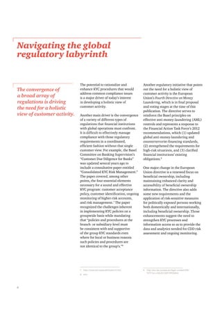 Ì¸» °±¬»²¬·¿´ ¬± ®¿¬·±²¿´·¦» ¿²¼
»²¸¿²½» ÕÇÝ °®±½»¼«®»- ¬¸¿¬ ©±«´¼
¿¼¼®»-- ½±³³±² ½±³°´·¿²½» ·--«»-
·­ ¿ ³¿¶±® ¼®·ª»® ±º ¬±¼¿§Ž­ ·²¬»®»­¬
½«-¬±³»® ¿½¬·ª·¬§ò
ß²±¬¸»® ³¿·² ¼®·ª»® ·- ¬¸» ½±²ª»®¹»²½»
±º ¿ ª¿®·»¬§ ±º ¼·ºº»®»²¬ ¬§°»- ±º
©·¬¸ ¹´±¾¿´ ±°»®¿¬·±²- ³«-¬ ½±²º®±²¬ò
½±³°´·¿²½» ©·¬¸ ¬¸±-» ®»¹«´¿¬±®§
®»¯«·®»³»²¬- ·² ¿ ½±±®¼·²¿¬»¼ô
½«-¬±³»® ª·»©ò Ú±® »¨¿³°´»ô ¬¸» Þ¿-»´
Ý±³³·¬¬»» ±² Þ¿²µ·²¹ Í«°»®ª·­·±²Ž­
Ý«­¬±³»® Ü«» Ü·´·¹»²½» º±® Þ¿²µ­Œ
·²½´«¼» ¿ ½±²-«´¬¿¬·ª» °¿°»® »²¬·¬´»¼
Ý±²­±´·¼¿¬»¼ ÕÇÝ Î·­µ Ó¿²¿¹»³»²¬òŒ
Ì¸» °¿°»® ½±ª»®»¼ô ¿³±²¹ ±¬¸»®
°±·²¬-ô ¬¸» º±«® »--»²¬·¿´ »´»³»²¬-
²»½»--¿®§ º±® ¿ -±«²¼ ¿²¼ »ºº»½¬·ª»
ÕÇÝ °®±¹®¿³æ ½«-¬±³»® ¿½½»°¬¿²½»
³±²·¬±®·²¹ ±º ¸·¹¸»®ó®·-µ ¿½½±«²¬-ô
¿²¼ ®·-µ ³¿²¿¹»³»²¬òé
Ì¸» °¿°»®
®»½±¹²·¦»¼ ¬¸» ½¸¿´´»²¹»- ·²¸»®»²¬
·² ·³°´»³»²¬·²¹ ÕÇÝ °±´·½·»- ±² ¿
¹®±«°©·¼» ¾¿-·- ©¸·´» ³¿²¼¿¬·²¹
¬¸¿¬ •°±´·½·»- ¿²¼ °®±½»¼«®»- ¿¬ ¬¸»
¾®¿²½¸ó ±® -«¾-·¼·¿®§ó´»ª»´ ³«-¬
¾» ½±²-·-¬»²¬ ©·¬¸ ¿²¼ -«°°±®¬·ª»
±º ¬¸» ¹®±«° ÕÇÝ -¬¿²¼¿®¼- »ª»²
©¸»®» º±® ´±½¿´ ±® ¾«-·²»-- ®»¿-±²-
-«½¸ °±´·½·»- ¿²¼ °®±½»¼«®»- ¿®»
²±¬ ·¼»²¬·½¿´ ¬± ¬¸» ¹®±«°Ž­òŒè
é ¸¬¬°æññ©©©ò¾·-ò±®¹ñ°«¾´ñ¾½¾-ïïðò¸¬³
è ×¾·¼
ß²±¬¸»® ®»¹«´¿¬±®§ ·²·¬·¿¬·ª» ¬¸¿¬ °±·²¬-
±«¬ ¬¸» ²»»¼ º±® ¿ ¸±´·-¬·½ ª·»© ±º
½«-¬±³»® ¿½¬·ª·¬§ ·- ¬¸» Û«®±°»¿²
Ë²·±²Ž­ Ú±«®¬¸ Ü·®»½¬·ª» ±² Ó±²»§
¿²¼ ª±¬·²¹ -¬¿¹»- ¿¬ ¬¸» ¬·³» ±º ¬¸·-
°«¾´·½¿¬·±²ò Ì¸» ¼·®»½¬·ª» -»®ª»- ¬±
®»·²º±®½» ¬¸» Þ¿-»´ °®·²½·°´»- ±²
»ºº»½¬·ª» ¿²¬·ó³±²»§ó´¿«²¼»®·²¹ øßÓÔ÷
½±²¬®±´- ¿²¼ ®»°®»-»²¬- ¿ ®»-°±²-» ¬±
¬¸» Ú·²¿²½·¿´ ß½¬·±² Ì¿­µ Ú±®½»Ž­ îðïî
®»½±³³»²¼¿¬·±²-ô ©¸·½¸ øï÷ «°¼¿¬»¼
¹´±¾¿´ ¿²¬·ó³±²»§ó´¿«²¼»®·²¹ ¿²¼
øî÷ -¬®»²¹¬¸»²»¼ ¬¸» ®»¯«·®»³»²¬- º±®
±¾´·¹¿¬·±²-òç
Ñ²» ³¿¶±® ½¸¿²¹» ·² ¬¸» Û«®±°»¿²
Ë²·±² ¼·®»½¬·ª» ·- ¿ ®»²»©»¼ º±½«- ±²
³¿·²¬¿·²·²¹ »²¸¿²½»¼ ½´¿®·¬§ ¿²¼
·²º±®³¿¬·±²ò Ì¸» ¼·®»½¬·ª» ¿´-± ¿¼¼-
-±³» ²»© ®»¯«·®»³»²¬- ¿²¼ ¬¸»
¿°°´·½¿¬·±² ±º ®·-µó-»²-·¬·ª» ³»¿-«®»-
º±® °±´·¬·½¿´´§ »¨°±-»¼ °»®-±²- ©±®µ·²¹
¾±¬¸ ¼±³»-¬·½¿´´§ ¿²¼ ·²¬»®²¿¬·±²¿´´§ô
»²¸¿²½»³»²¬- -«¹¹»-¬ ¬¸» ²»»¼ ¬±
-¬®»²¹¬¸»² ÕÇÝ °®±½»--»- ¿²¼
·²º±®³¿¬·±² ¿½½»-- -± ¿- ¬± °®±ª·¼» ¬¸»
¼¿¬¿ ¿²¼ ¿²¿´§¬·½- ²»»¼»¼ º±® ÝÜÜ ®·-µ
¿--»--³»²¬ ¿²¼ ±²¹±·²¹ ³±²·¬±®·²¹ò
ç ¸¬¬°æññ»«®ó´»¨ò»«®±°¿ò»«ñ´»¹¿´ó½±²¬»²¬ñÛÒñ
ÌÈÌñá«®·ãÝÛÔÛÈæëîðïíÐÝððìë
Ò¿ª·¹¿¬·²¹ ¬¸» ¹´±¾¿´
®»¹«´¿¬±®§ ´¿¾§®·²¬¸
Ì¸» ½±²ª»®¹»²½» ±º
¿ ¾®±¿¼ ¿®®¿§ ±º
®»¹«´¿¬·±²- ·- ¼®·ª·²¹
¬¸» ²»»¼ º±® ¿ ¸±´·-¬·½
ª·»© ±º ½«-¬±³»® ¿½¬·ª·¬§ò
ê
 