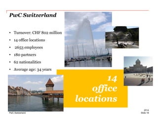 PwC Switzerland 
PwC Switzerland 
•Turnover: CHF 802 million 
•14 office locations 
• 2653 employees 
•180 partners 
•62 nationalities 
•Average age: 34 years 
14 
office locations 
Slide 18 
2014  