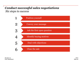 PwC Switzerland 
Conduct successful sales negotiations Six steps to success 
Position yourself 
1 
4 
2 
3 
5 
6 
Convey your message 
Ask the first open question 
Identify buying motives 
Deal with objections 
Close the sale 
Slide 34 
2014 
All about us  