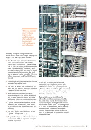 PwC That shrinking feeling: Tracing the changing shape of the European banking industry 5
These key findings of our report show how
banks’ balance sheets have changed in a way that
supports this new way of doing business:
•	The EU banks in our report already meet the
basic, fully loaded Basel III risk-weighted
capital (RWC) requirements. (Note, however,
that 24 banks fell below the defined thresholds
of the European Banking Authority’s [EBA]
recent stress tests, which were based on Basel’s
transitional capital requirements. The result
was an aggregate capital shortfall of EUR 24.6
billion, based on the banks’ end-2013 balance
sheets.)3
•	Their capital ratios are now generally as strong
as those of other global banks.
•	The banks are leaner. They have reduced total
assets and shed non-core businesses while also
expanding their deposit base.
•	Banks have overhauled their mix of risk-
weighted assets (RWAs). Trading book assets
and corporate loans have shrunk. Mortgage
lending and sovereign exposure has increased.
•	Liquidity has improved considerably. Banks
hold more cash and near-cash assets. Short-
term borrowings now make up far less of their
liabilities.
•	The banks already meet the Basel III 30-day
Liquidity Coverage Ratio (LCR).
•	They also handily exceed the interim minimum
leverage ratio of 3%, an important backup to
the RWC requirement.
Reconciling these sometimes conflicting
standards is tricky. Banks will have to keep
juggling both sides of their balance sheets as
regulators impose more capital requirements and
insist on greater transparency in how they model
the riskiness of their assets. Banks are getting
better, but are not yet cured.
This report is structured as follows. An
infographic provides a visual narrative of the
key points in this report. After that, a section
on the challenges of meeting Basel III’s various
requirements sets the scene. The capital position
of EU banks is then examined, setting the stage
for an analysis of their assets, liquidity and
funding. The conclusion weighs the progress
made by the sector and the problems it will still
have to overcome.
When the economy
does eventually
improve, our
analysis suggests
that big banks will
be reasonably
well-positioned to
take advantage.
 