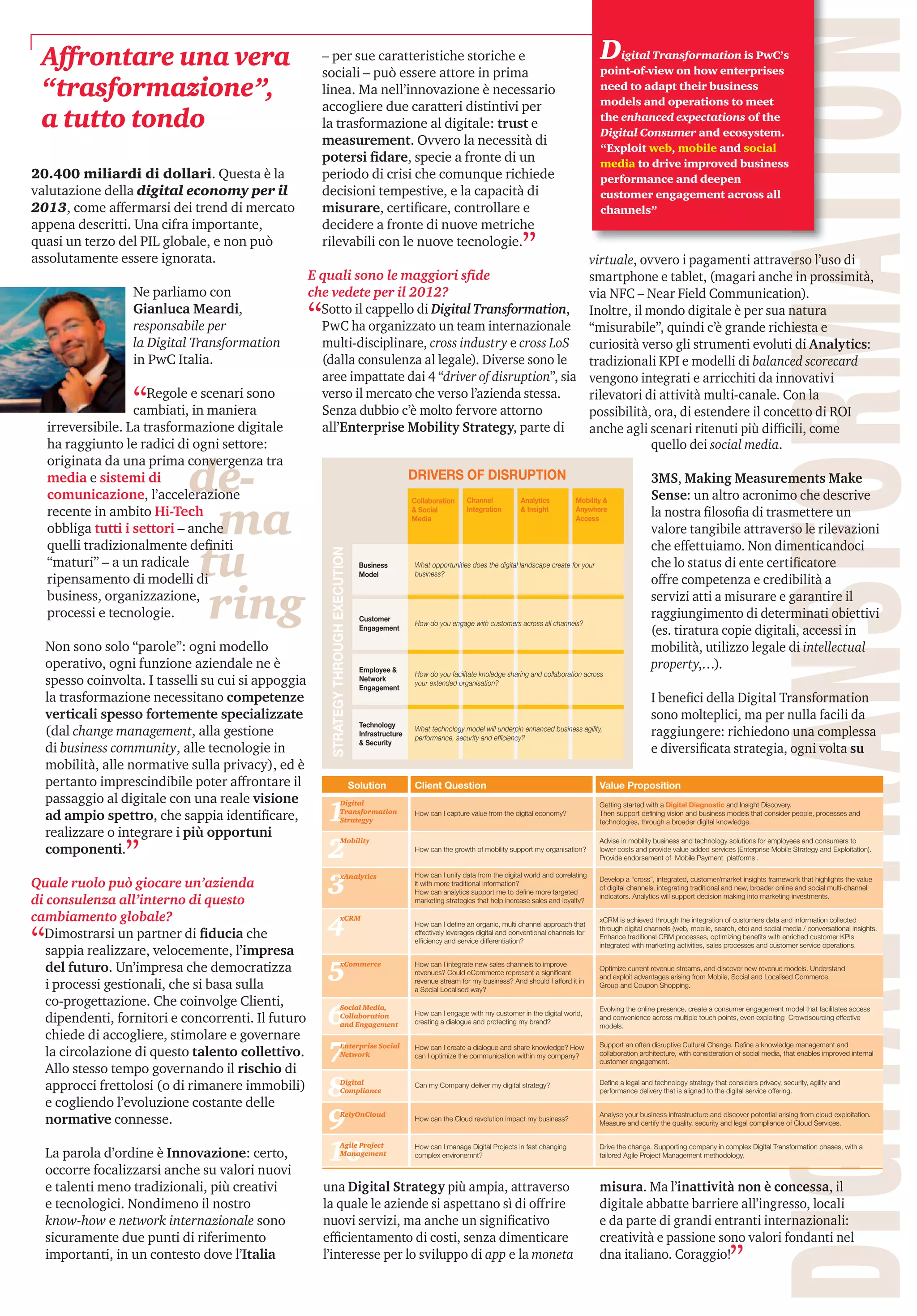 il volo 11
DIGITALTRANSFORMATION
de-
ma
tu
ring
Aﬀrontare una vera
“trasformazione”,
a tutto tondo
20.400 miliardi di dollari. Questa è la
valutazione della digital economy per il
2013, come affermarsi dei trend di mercato
appena descritti. Una cifra importante,
quasi un terzo del PIL globale, e non può
assolutamente essere ignorata.
Ne parliamo con
Gianluca Meardi,
responsabile per
la Digital Transformation
in PwC Italia.
“Regole e scenari sono
cambiati, in maniera
irreversibile. La trasformazione digitale
ha raggiunto le radici di ogni settore:
originata da una prima convergenza tra
media e sistemi di
comunicazione, l’accelerazione
recente in ambito Hi-Tech
obbliga tutti i settori – anche
quelli tradizionalmente definiti
“maturi” – a un radicale
ripensamento di modelli di
business, organizzazione,
processi e tecnologie.
Non sono solo “parole”: ogni modello
operativo, ogni funzione aziendale ne è
spesso coinvolta. I tasselli su cui si appoggia
la trasformazione necessitano competenze
verticali spesso fortemente specializzate
(dal change management, alla gestione
di business community, alle tecnologie in
mobilità, alle normative sulla privacy), ed è
pertanto imprescindibile poter affrontare il
passaggio al digitale con una reale visione
ad ampio spettro, che sappia identificare,
realizzare o integrare i più opportuni
componenti.
”
Quale ruolo può giocare un’azienda
di consulenza all’interno di questo
cambiamento globale?
“Dimostrarsi un partner di ﬁducia che
sappia realizzare, velocemente, l’impresa
del futuro. Un’impresa che democratizza
i processi gestionali, che si basa sulla
co-progettazione. Che coinvolge Clienti,
dipendenti, fornitori e concorrenti. Il futuro
chiede di accogliere, stimolare e governare
la circolazione di questo talento collettivo.
Allo stesso tempo governando il rischio di
approcci frettolosi (o di rimanere immobili)
e cogliendo l’evoluzione costante delle
normative connesse.
La parola d’ordine è Innovazione: certo,
occorre focalizzarsi anche su valori nuovi
e talenti meno tradizionali, più creativi
e tecnologici. Nondimeno il nostro
know-how e network internazionale sono
sicuramente due punti di riferimento
importanti, in un contesto dove l’Italia
– per sue caratteristiche storiche e
sociali – può essere attore in prima
linea. Ma nell’innovazione è necessario
accogliere due caratteri distintivi per
la trasformazione al digitale: trust e
measurement. Ovvero la necessità di
potersi ﬁdare, specie a fronte di un
periodo di crisi che comunque richiede
decisioni tempestive, e la capacità di
misurare, certificare, controllare e
decidere a fronte di nuove metriche
rilevabili con le nuove tecnologie.
”
E quali sono le maggiori sﬁde
che vedete per il 2012?
“Sotto il cappello di Digital Transformation,
PwC ha organizzato un team internazionale
multi-disciplinare, cross industry e cross LoS
(dalla consulenza al legale). Diverse sono le
aree impattate dai 4 “driver of disruption”, sia
verso il mercato che verso l’azienda stessa.
Senza dubbio c’è molto fervore attorno
all’Enterprise Mobility Strategy, parte di
virtuale, ovvero i pagamenti attraverso l’uso di
smartphone e tablet, (magari anche in prossimità,
via NFC – Near Field Communication).
Inoltre, il mondo digitale è per sua natura
“misurabile”, quindi c’è grande richiesta e
curiosità verso gli strumenti evoluti di Analytics:
tradizionali KPI e modelli di balanced scorecard
vengono integrati e arricchiti da innovativi
rilevatori di attività multi-canale. Con la
possibilità, ora, di estendere il concetto di ROI
anche agli scenari ritenuti più difficili, come
quello dei social media.
3MS, Making Measurements Make
Sense: un altro acronimo che descrive
la nostra filosofia di trasmettere un
valore tangibile attraverso le rilevazioni
che effettuiamo. Non dimenticandoci
che lo status di ente certificatore
offre competenza e credibilità a
servizi atti a misurare e garantire il
raggiungimento di determinati obiettivi
(es. tiratura copie digitali, accessi in
mobilità, utilizzo legale di intellectual
property,…).
I benefici della Digital Transformation
sono molteplici, ma per nulla facili da
raggiungere: richiedono una complessa
e diversificata strategia, ogni volta su
una Digital Strategy più ampia, attraverso
la quale le aziende si aspettano sì di offrire
nuovi servizi, ma anche un significativo
efficientamento di costi, senza dimenticare
l’interesse per lo sviluppo di app e la moneta
misura. Ma l’inattività non è concessa, il
digitale abbatte barriere all’ingresso, locali
e da parte di grandi entranti internazionali:
creatività e passione sono valori fondanti nel
dna italiano. Coraggio!
”
DIGITALTRANSFORMATION
Digital Transformation is PwC’s
point-of-view on how enterprises
need to adapt their business
models and operations to meet
the enhanced expectations of the
Digital Consumer and ecosystem.
“Exploit web, mobile and social
media to drive improved business
performance and deepen
customer engagement across all
channels”
What opportunities does the digital landscape create for your
business?
How do you engage with customers across all channels?
How do you facilitate knoledge sharing and collaboration across
your extended organisation?
What technology model will underpin enhanced business agility,
performance, security and efficiency?
Collaboration
& Social
Media
Channel
Integration
Analytics
& Insight
Mobility &
Anywhere
Access
Business
Model
Customer
Engagement
Employee &
Network
Engagement
Technology
Infrastructure
& Security
DRIVERS OF DISRUPTION
STRATEGYTHROUGHEXECUTION
1
2
3
4
5
6
7
8
9
10
Solution Client Question Value Proposition
Digital
Transformation
Strategyy
How can I capture value from the digital economy?
Getting started with a Digital Diagnostic and Insight Discovery.
Then support deﬁning vision and business models that consider people, processes and
technologies, through a broader digital knowledge.
Mobility
How can the growth of mobility support my organisation?
Advise in mobility business and technology solutions for employees and consumers to
lower costs and provide value added services (Enterprise Mobile Strategy and Exploitation).
Provide endorsement of Mobile Payment platforms .
xAnalytics How can I unify data from the digital world and correlating
it with more traditional information?
How can analytics support me to deﬁne more targeted
marketing strategies that help increase sales and loyalty?
Develop a “cross”, integrated, customer/market insights framework that highlights the value
of digital channels, integrating traditional and new, broader online and social multi-channel
indicators. Analytics will support decision making into marketing investments.
xCRM
How can I deﬁne an organic, multi channel approach that
effectively leverages digital and conventional channels for
efﬁciency and service differentiation?
xCRM is achieved through the integration of customers data and information collected
through digital channels (web, mobile, search, etc) and social media / conversational insights.
Enhance traditional CRM processes, optimizing beneﬁts with enriched customer KPIs
integrated with marketing activities, sales processes and customer service operations.
xCommerce How can I integrate new sales channels to improve
revenues? Could eCommerce represent a signiﬁcant
revenue stream for my business? And should I afford it in
a Social Localised way?
Optimize current revenue streams, and discover new revenue models. Understand
and exploit advantages arising from Mobile, Social and Localised Commerce,
Group and Coupon Shopping.
Social Media,
Collaboration
and Engagement
How can I engage with my customer in the digital world,
creating a dialogue and protecting my brand?
Evolving the online presence, create a consumer engagement model that facilitates access
and convenience across multiple touch points, even exploiting Crowdsourcing effective
models.
Enterprise Social
Network
How can I create a dialogue and share knowledge? How
can I optimize the communication within my company?
Support an often disruptive Cultural Change. Deﬁne a knowledge management and
collaboration architecture, with consideration of social media, that enables improved internal
customer engagement.
Digital
Compliance
Can my Company deliver my digital strategy? Deﬁne a legal and technology strategy that considers privacy, security, agility and
performance delivery that is aligned to the digital service offering.
RelyOnCloud
How can the Cloud revolution impact my business?
Analyse your business infrastructure and discover potential arising from cloud exploitation.
Measure and certify the quality, security and legal compliance of Cloud Services.
Agile Project
Management
How can I manage Digital Projects in fast changing
complex environemnt?
Drive the change. Supporting company in complex Digital Transformation phases, with a
tailored Agile Project Management methodology.
 