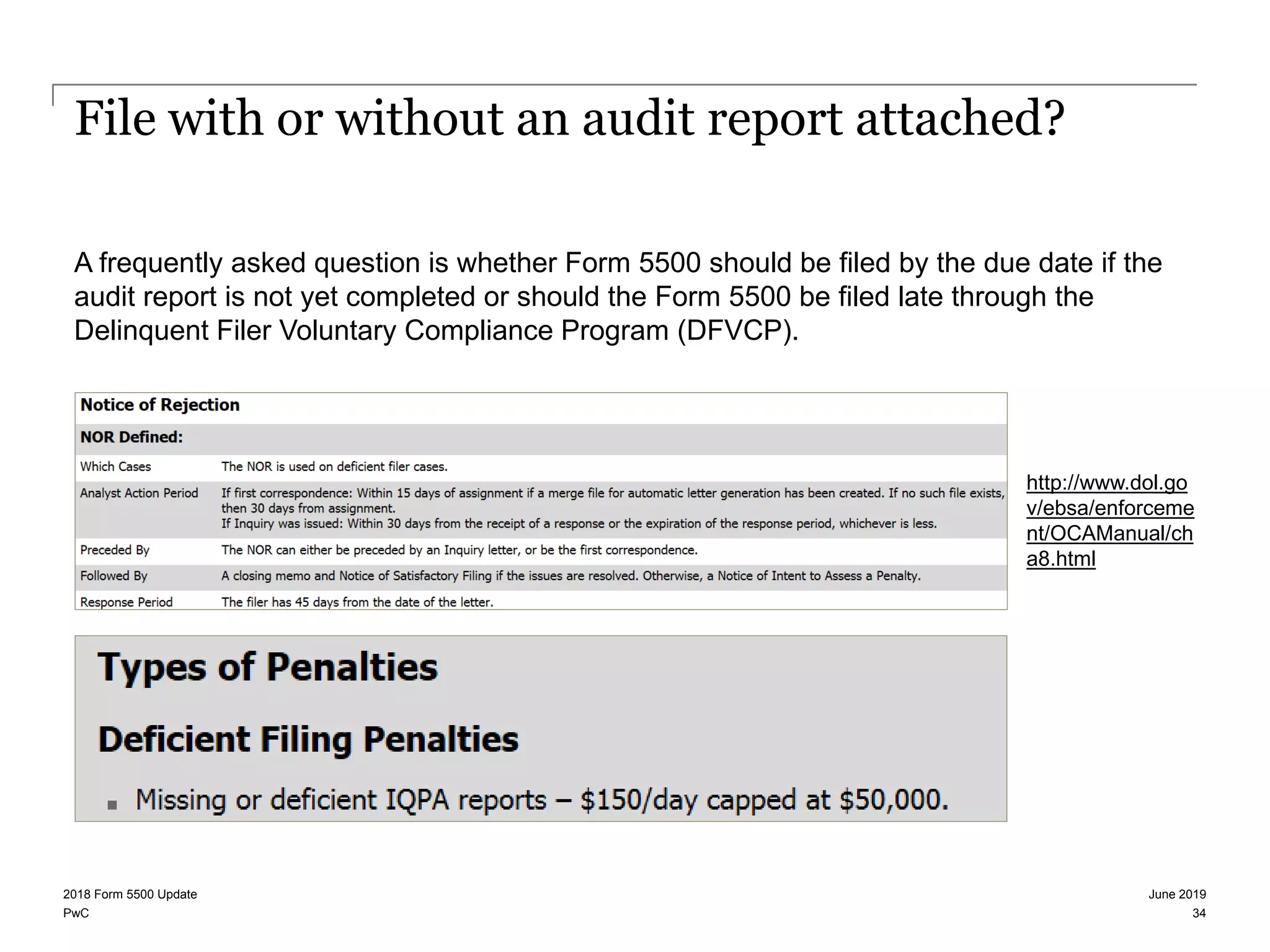 PwC
File with or without an audit report attached?
A frequently asked question is whether Form 5500 should be filed by the due date if the
audit report is not yet completed or should the Form 5500 be filed late through the
Delinquent Filer Voluntary Compliance Program (DFVCP).
June 20192018 Form 5500 Update
34
http://www.dol.go
v/ebsa/enforceme
nt/OCAManual/ch
a8.html
 
