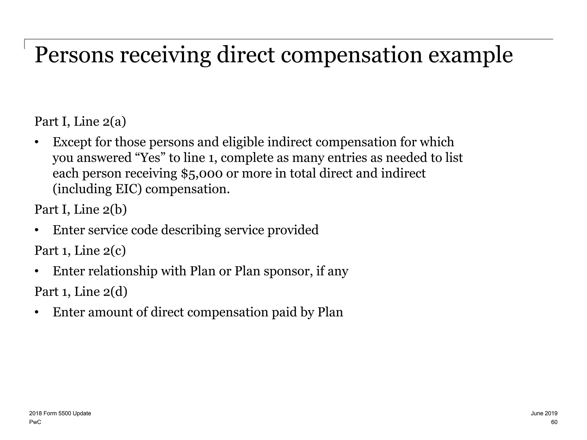 PwC
Persons receiving direct compensation example
Part I, Line 2(a)
• Except for those persons and eligible indirect compensation for which
you answered “Yes” to line 1, complete as many entries as needed to list
each person receiving $5,000 or more in total direct and indirect
(including EIC) compensation.
Part I, Line 2(b)
• Enter service code describing service provided
Part 1, Line 2(c)
• Enter relationship with Plan or Plan sponsor, if any
Part 1, Line 2(d)
• Enter amount of direct compensation paid by Plan
June 20192018 Form 5500 Update
60
 