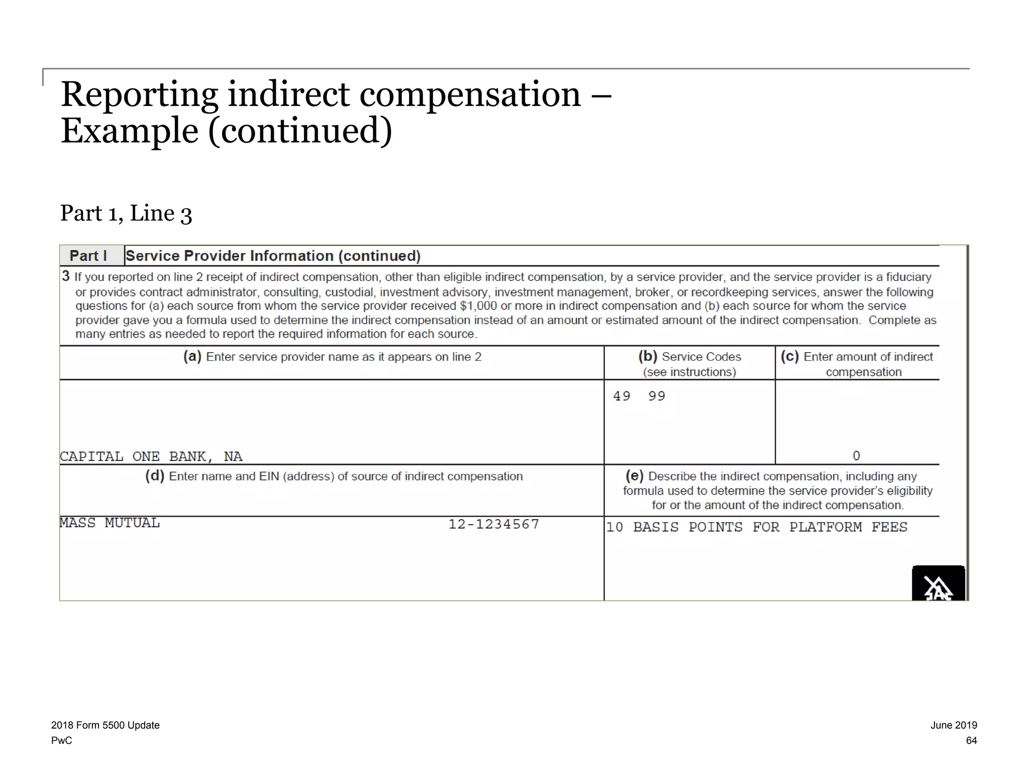 PwC
Reporting indirect compensation –
Example (continued)
Part 1, Line 3
June 20192018 Form 5500 Update
64
 