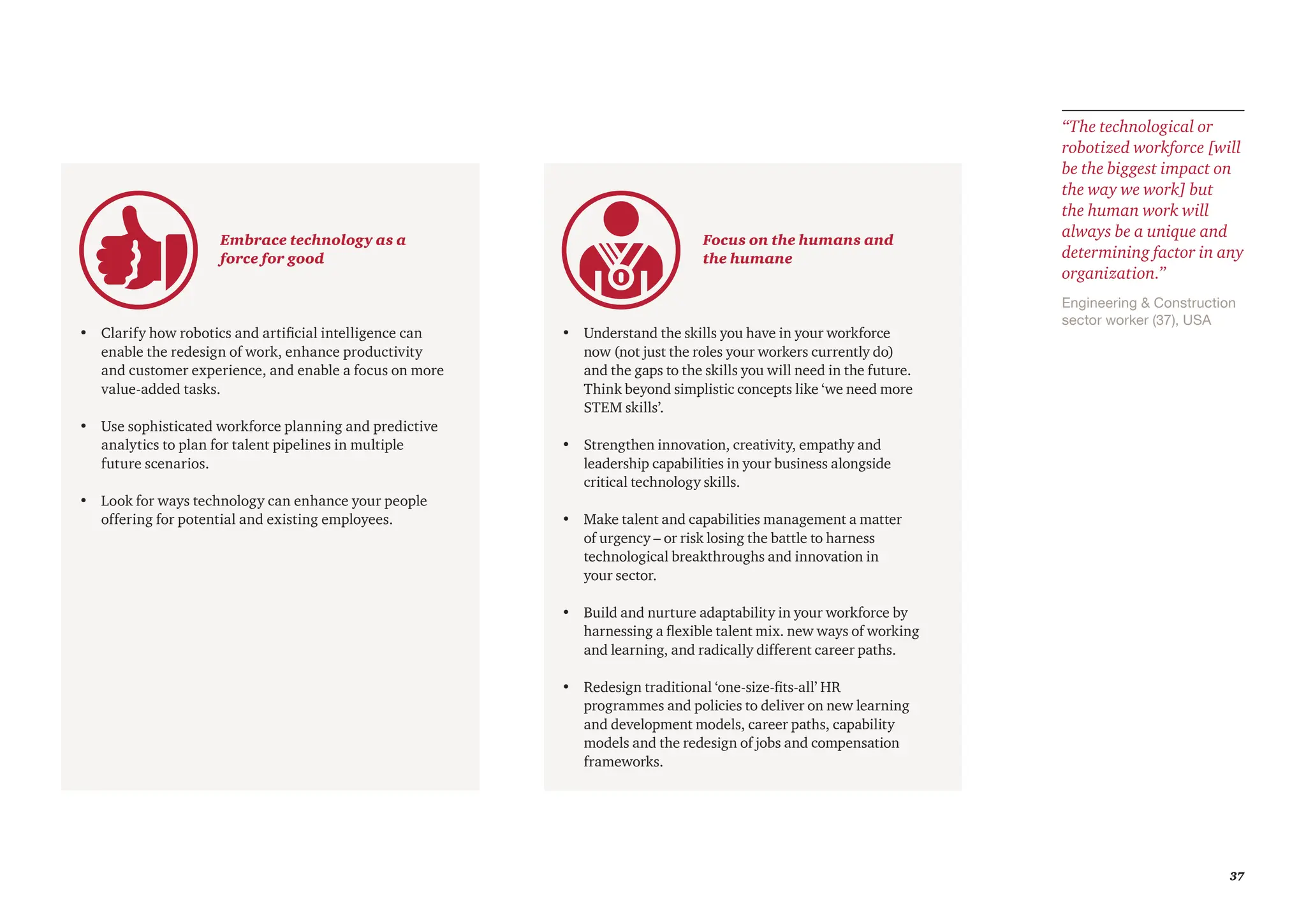 37
Engineering & Construction
sector worker (37), USA
“The technological or
robotized workforce [will
be the biggest impact on
the way we work] but
the human work will
always be a unique and
determining factor in any
organization.”
Embrace technology as a
force for good
• Clarify how robotics and artificial intelligence can
enable the redesign of work, enhance productivity
and customer experience, and enable a focus on more
value-added tasks.
• Use sophisticated workforce planning and predictive
analytics to plan for talent pipelines in multiple
future scenarios.
• Look for ways technology can enhance your people
offering for potential and existing employees.
Focus on the humans and
the humane
• Understand the skills you have in your workforce
now (not just the roles your workers currently do)
and the gaps to the skills you will need in the future.
Think beyond simplistic concepts like ‘we need more
STEM skills’.
• Strengthen innovation, creativity, empathy and
leadership capabilities in your business alongside
critical technology skills.
• Make talent and capabilities management a matter
of urgency – or risk losing the battle to harness
technological breakthroughs and innovation in
your sector.
• Build and nurture adaptability in your workforce by
harnessing a flexible talent mix. new ways of working
and learning, and radically different career paths.
• Redesign traditional ‘one-size-fits-all’ HR
programmes and policies to deliver on new learning
and development models, career paths, capability
models and the redesign of jobs and compensation
frameworks.
 