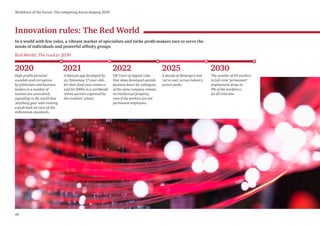 12
Workforce of the future: The competing forces shaping 2030
Innovation rules: The Red World
In a world with few rules, a vibrant market of specialists and niche profit-makers race to serve the
needs of individuals and powerful affinity groups.
2020 2021 2022 2025 2030
Red World: The road to 2030
High-profile personal
scandals and corruption
by politicians and business
leaders in a number of
nations are unresolved,
signalling to the world that
‘anything goes’ and creating
a push back on turn-of-the-
millennium standards.
A lifestyle app developed by
six Taiwanese 17-year-olds
for their final-year exams is
sold for $49m in a worldwide
online auction organised by
the students’ school.
UK Court of Appeal rules
that ideas developed outside
business hours by colleagues
of the same company remain
its intellectual property,
even if the workers are not
permanent employees.
A decade of demergers and
‘carve outs’ across industry
sectors peaks.
The number of US workers
in full-time ‘permanent’
employment drops to
9% of the workforce,
an all-time low.
 