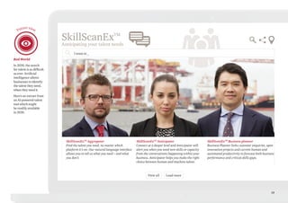 15
Red World
In 2030, the search
for talent is as difficult
as ever. Artificial
intelligence allows
businesses to identify
the talent they need,
when they need it.
Here’s an extract from
an AI-powered talent
tool which might
be readily available
in 2030.
Future view
SkillScanExTM
Anticipating your talent needs
SkillScanExTM
Business planner
Business Planner links customer enquiries, open
innovation projects and current human and
automated productivity to forecast both business
performance and critical skills gaps.
SkillScanExTM
Aggregator
Find the talent you need, no matter which
platform it’s on. Our natural language interface
allows you to tell us what you need – and what
you don’t.
SkillScanExTM
Anticipator
Connect at a deeper level and Anticipator will
alert you when you need new skills or capacity
from the conversations happening within your
business. Anticipator helps you make the right
choice between human and machine talent.
I want to _
View all Load more
 