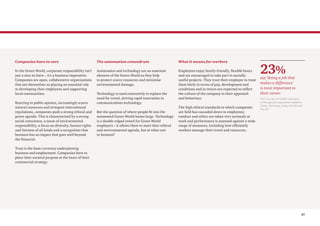21
Companies have to care
In the Green World, corporate responsibility isn’t
just a nice-to-have – it’s a business imperative.
Companies are open, collaborative organisations
that see themselves as playing an essential role
in developing their employees and supporting
local communities.
Reacting to public opinion, increasingly scarce
natural resources and stringent international
regulations, companies push a strong ethical and
green agenda. This is characterised by a strong
social conscience, a sense of environmental
responsibility, a focus on diversity, human rights
and fairness of all kinds and a recognition that
business has an impact that goes well beyond
the financial.
Trust is the basic currency underpinning
business and employment. Companies have to
place their societal purpose at the heart of their
commercial strategy.
The automation conundrum
Automation and technology are an essential
element of the Green World as they help
to protect scarce resources and minimise
environmental damage.
Technology is used extensively to replace the
need for travel, driving rapid innovation in
communications technology.
But the question of where people fit into the
automated Green World looms large. Technology
is a double-edged sword for Green World
employers – it allows them to meet their ethical
and environmental agenda, but at what cost
to humans?
What it means for workers
Employees enjoy family-friendly, flexible hours
and are encouraged to take part in socially-
useful projects. They trust their employer to treat
them fairly in terms of pay, development and
conditions and in return are expected to reflect
the culture of the company in their approach
and behaviour.
The high ethical standards to which companies
are held has cascaded down to employees;
conduct and ethics are taken very seriously at
work and performance is assessed against a wide
range of measures, including how efficiently
workers manage their travel and resources.
23%
say ‘doing a job that
makes a difference’
is most important to
their career.
PwC survey of 10,029 members
of the general population based in
China, Germany, India, the UK and
the US
 