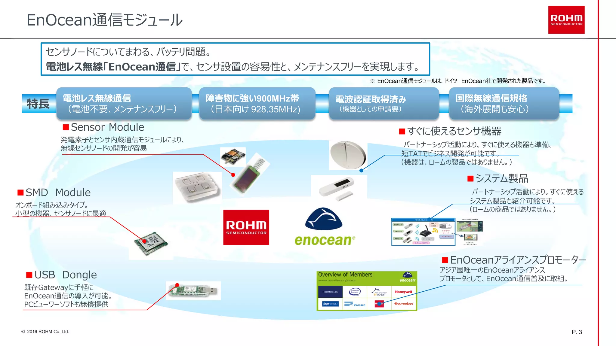 P. 3© 2016 ROHM Co.,Ltd.
特長
EnOcean通信モジュール
センサノードについてまわる、バッテリ問題。
電池レス無線「EnOcean通信」で、センサ設置の容易性と、メンテナンスフリーを実現します。
国際無線通信規格
（海外展開も安心）
電池レス無線通信
（電池不要、メンテナンスフリー）
障害物に強い900MHz帯
（日本向け 928.35MHz)
■Sensor Module
発電素子とセンサ内蔵通信モジュールにより、
無線センサノードの開発が容易
■EnOceanアライアンスプロモーター
アジア圏唯一のEnOceanアライアンス
プロモータとして、EnOcean通信普及に取組。
■すぐに使えるセンサ機器
パートナーシップ活動により。すぐに使える機器も準備。
短TATでビジネス開発が可能です。
（機器は、ロームの製品ではありません。）
電波認証取得済み
（機器としての申請要）
※ EnOcean通信モジュールは、ドイツ EnOcean社で開発された製品です。
■システム製品
パートナーシップ活動により。すぐに使える
システム製品も紹介可能です。
（ロームの商品ではありません。）
■SMD Module
オンボード組み込みタイプ。
小型の機器、センサノードに最適
■USB Dongle
既存Gatewayに手軽に
EnOcean通信の導入が可能。
PCビューワーソフトも無償提供
 