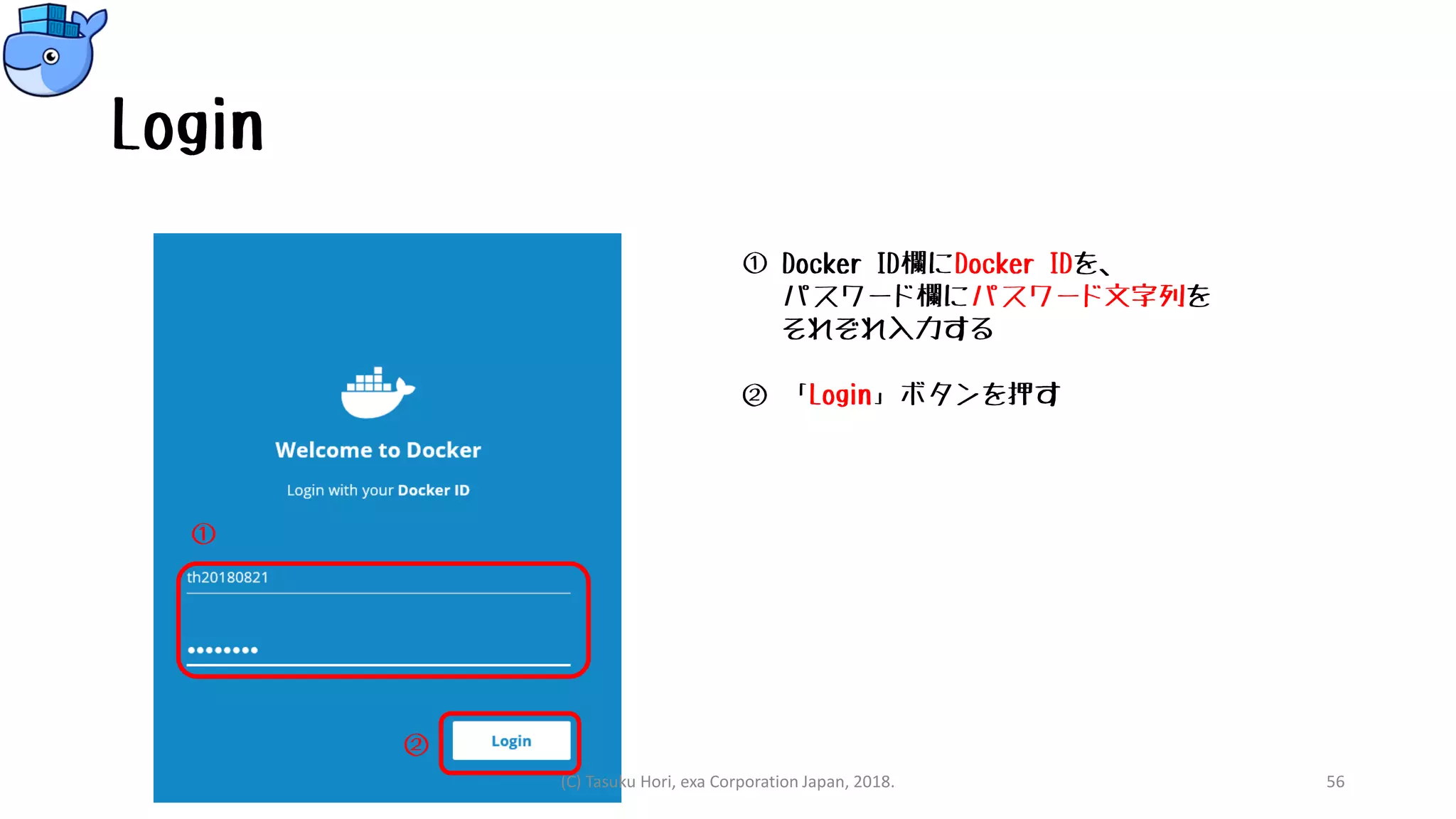 Login
① Docker ID欄にDocker IDを、
パスワード欄にパスワード文字列を
それぞれ入力する
② 「Login」ボタンを押す
①
(C) Tasuku Hori, exa Corporation Japan, 2018. 56
②
 