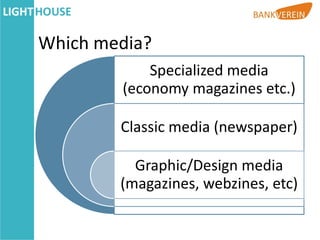 Which media?
            Specialized media
        (economy magazines etc.)

        Classic media (newspaper)

          Graphic/Design media
        (magazines, webzines, etc)
 