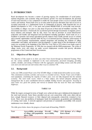 2. INTRODUCTION 
Rural development has become a matter of growing urgency for considerations of social justice, 
national integration, and economic rising and inclusive growth. For rural development, the provision 
of rural road network is a key component to enable the rural people to have access to schools, health 
centres and markets. Rural roads serve as an entry point for poverty alleviation since lack of access is 
accepted universally as a fundamental factor in continuation of poverty. India launched the era of 
planned development in 1951, a few ports and around 400,000 KMS of serviceable road network. 
Accessibility to villages was poor as only about 20 percent of them had all weather road links. The 
Government laid down a framework for accelerated growth through investments in irrigation, power, 
heavy industry and transport. Side by side, stress was laid on provision of social infrastructure 
(education and health) and integrated rural development including agriculture. Rural roads act as a 
facilitator to promote and sustain agricultural growth, improve basic health, provide access to schools 
and economic opportunities and thus holds the key to accelerated poverty reduction, achievements of 
MDG , socio-economic transformation, national integration and breaking the isolation of village 
communities and holistic and inclusive rural development. A major thrust to the development of rural 
roads was accorded at the beginning of the Fifth Five Year Plan in 1974 when it was made a part of 
the Minimum Needs Programme. In 1996, this was merged with the BMS programmes. The works of 
village tracks were also taken up under several employment creation and poverty alleviation 
programmes of the Central and State Governments. 
2.1. Objectives of This Report 
The objective of this report is to show you what I have learnt through my Industrial Training. What 
are the various methods to implement in the road constructions, pavement designing, providing 
camber, shoulder, and mixing of bitumen with the aggregates and providing various coats like prime 
coat, tack coat and seal coat and various other ways to construct VR. 
2.2. Background 
In the year 2000, around 40 per cent of the 825,000 villages in India lacked all-weather access roads. 
This constrained economic activities and access to essential services. Nearly 74 per cent of India’s 
rural population, constituting the majority of India’s poor, were not fully integrated into the national 
economy. The rural roads sector, which is a State subject, also lacked adequate planning and 
management due to poor coordination between multiple funding streams and agencies. Investing in 
rural roads was given low priority and viewed in isolation from the need for State and National 
Highways. 
TABLE 1.0 
While the targets envisaged in terms of length were achieved, there grew imbalanced development of 
the rural road network. Some States provided cent per cent connectivity while some others did not 
have enough financial resources at their disposal and consequently connectivity remained at low 
levels. There were also problems of inadequate funds for maintenance, up gradation and rehabilitation 
of existing rural roads. A network approach and provision of sustainable accessibility with assured 
maintenance was virtually absent. 
The table given below shows the progress of rural roads till launching PMGSY-Year 
Accessibility percentage 
of village with population 
above 1000 
Overall village 
accessibility 
AVG distance of a village 
from a Road 
1950-1951 32 20 10 
 
