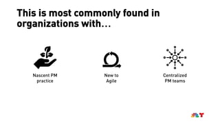 This is most commonly found in
organizations with…
New to
Agile
Nascent PM
practice
Centralized
PM teams
 