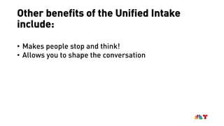 Other benefits of the Unified Intake
include:
• Makes people stop and think!
• Allows you to shape the conversation
 