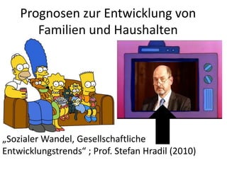 Prognosen zur Entwicklung von
       Familien und Haushalten




„Sozialer Wandel, Gesellschaftliche
Entwicklungstrends“ ; Prof. Stefan Hradil (2010)
 
