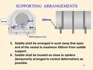 47
600mm
90
0
600mm
SUPPORTING ARRANGEMENTS
450mm
5. Saddle shall be arranged in such away that open
end of the vessel is maximum 450mm from saddle
support.
6. Saddle shall be located as close to spiders
(temporarily arranged to control deformation) as
possible.
burner
300mm(point no:2)
 