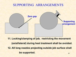 49
Zero gap
Supporting
arrangement
SUPPORTING ARRANGEMENTS
11. Locking/clamping of job, restricting the movement
(axial/lateral) during heat treatment shall be avoided.
12. All long nozzles projecting outside job surface shall
be supported.
 