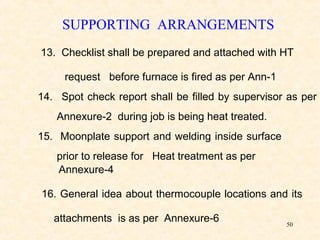 50
13. Checklist shall be prepared and attached with HT
request before furnace is fired as per Ann-1
14. Spot check report shall be filled by supervisor as per
Annexure-2 during job is being heat treated.
15. Moonplate support and welding inside surface
prior to release for Heat treatment as per
Annexure-4
16. General idea about thermocouple locations and its
attachments is as per Annexure-6
SUPPORTING ARRANGEMENTS
 