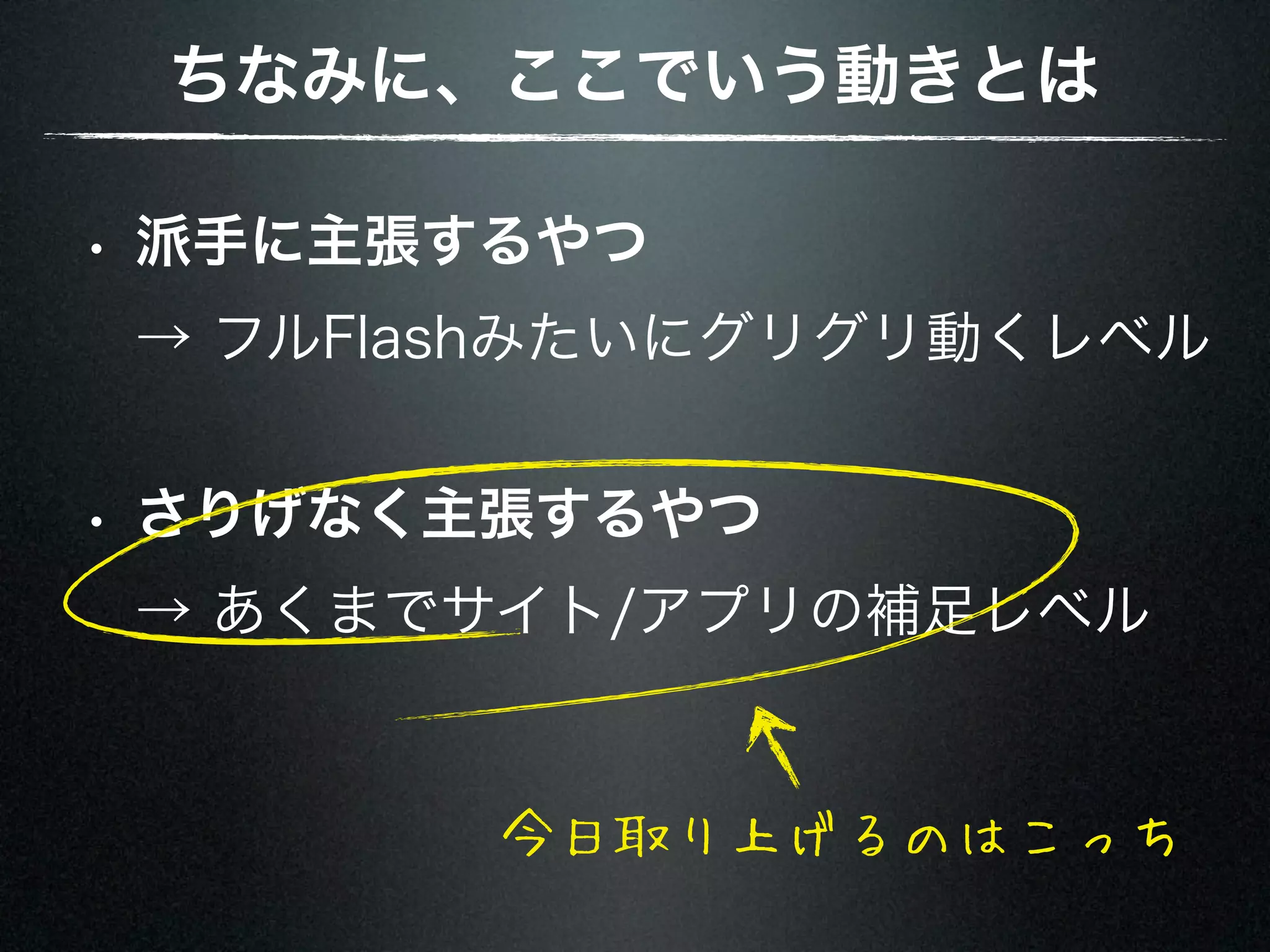 ちなみに、ここでいう動きとは • 派手に主張するやつ → フルFlashみたいにグリグリ動くレベル • さりげなく主張するやつ → あくまでサイト/アプリの補足レベル 今日取り上げるのはこっち 