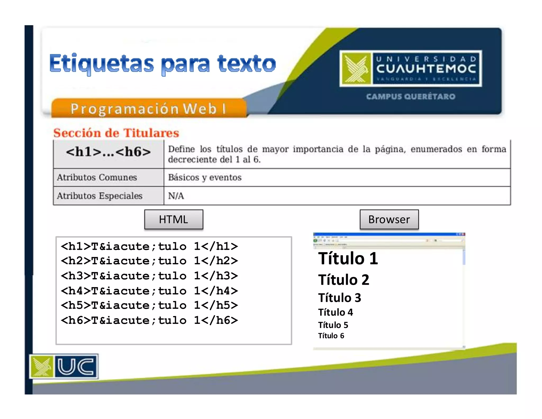 HTML Browser
Título 1
Título 2
Título 3
Título 4
Título 5
Título 6
<h1>T&iacute;tulo 1</h1>
<h2>T&iacute;tulo 1</h2>
<h3>T&iacute;tulo 1</h3>
<h4>T&iacute;tulo 1</h4>
<h5>T&iacute;tulo 1</h5>
<h6>T&iacute;tulo 1</h6>
 