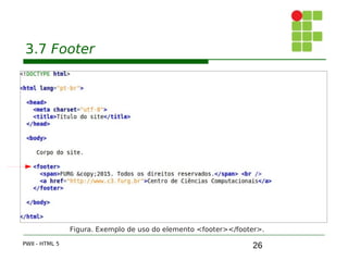 26
3.7 Footer
PWII - HTML 5
Figura. Exemplo de uso do elemento <footer></footer>.
 