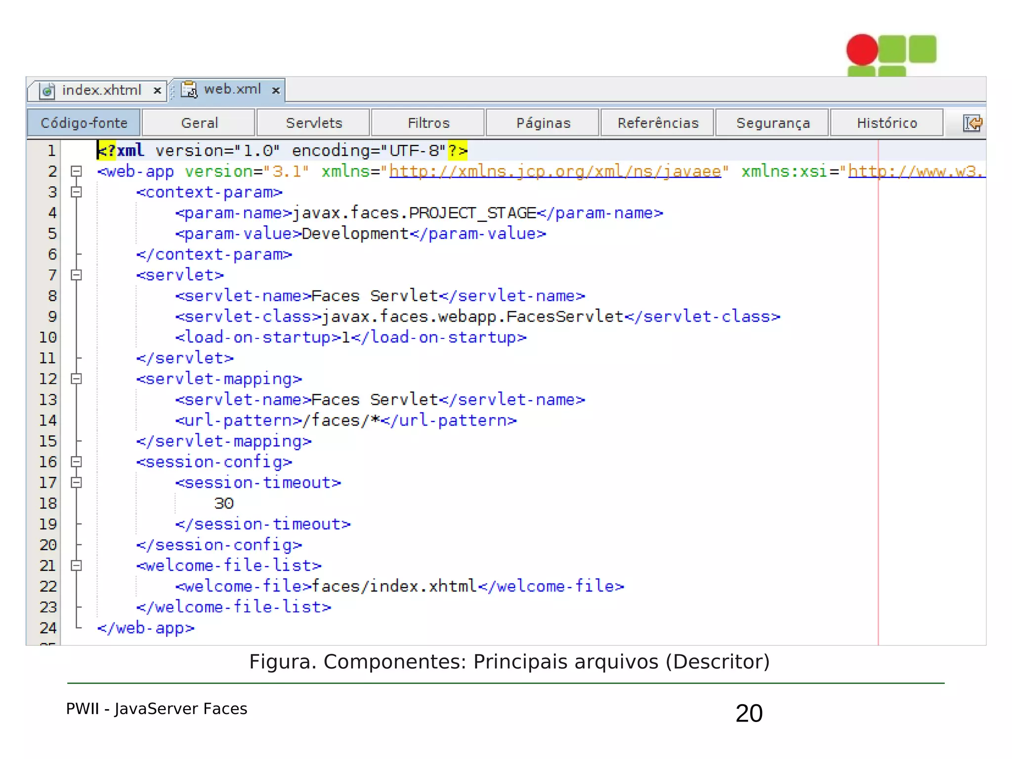 20
3. Componentes
PWII - JavaServer Faces
Figura. Componentes: Principais arquivos (Descritor)
 