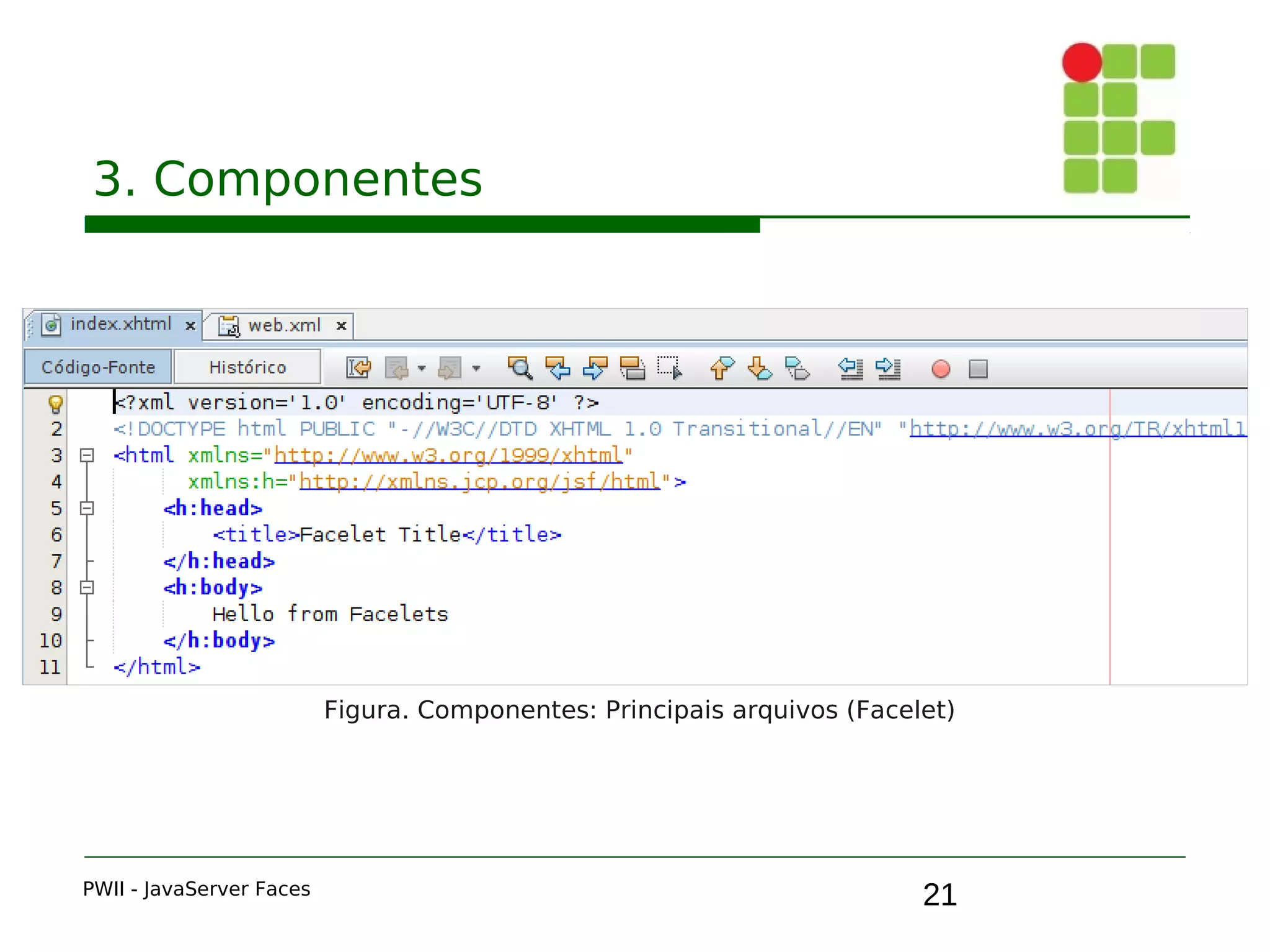 21
3. Componentes
PWII - JavaServer Faces
Figura. Componentes: Principais arquivos (Facelet)
 