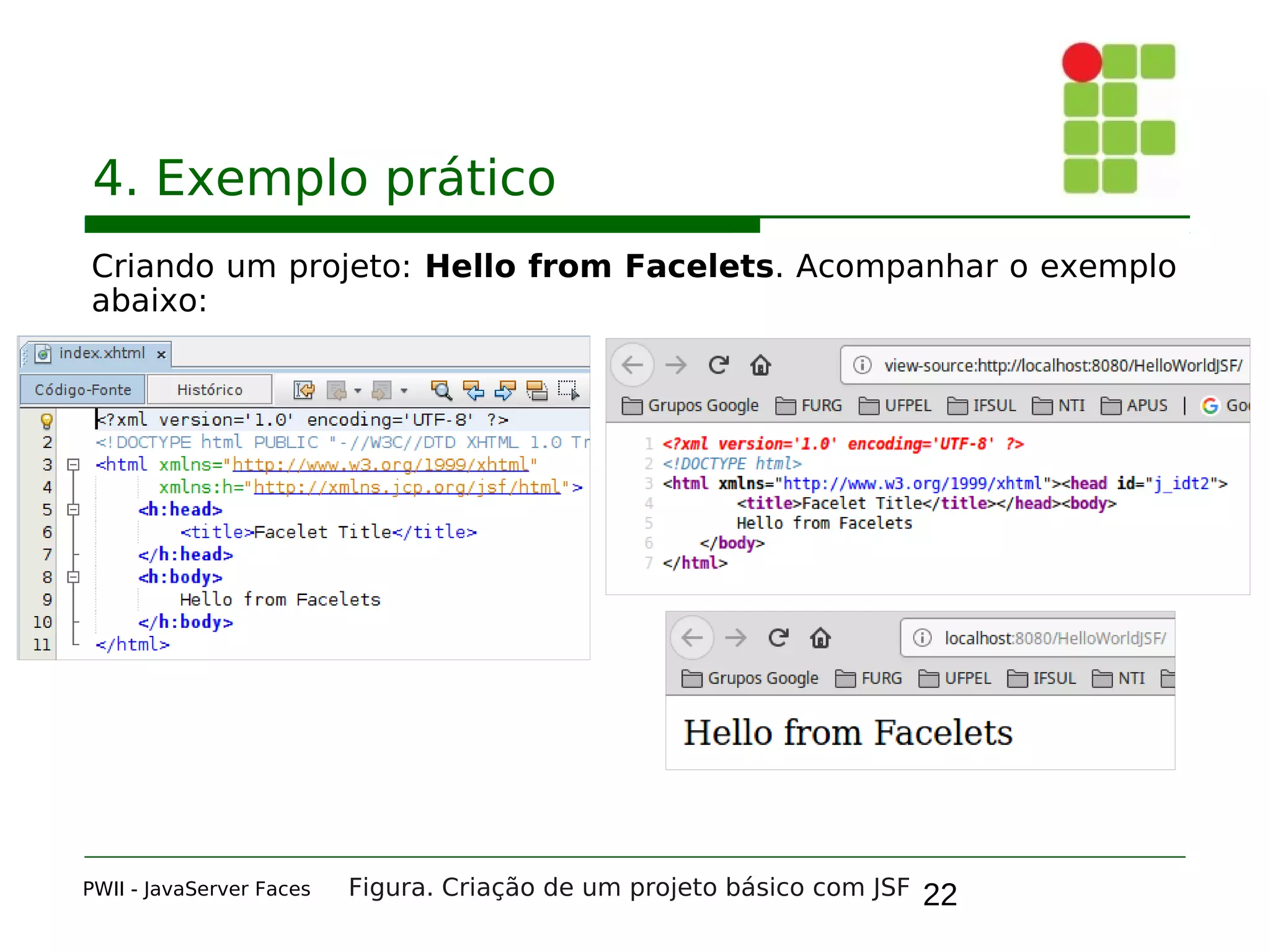 22
4. Exemplo prático
Criando um projeto: Hello from Facelets. Acompanhar o exemplo
abaixo:
PWII - JavaServer Faces Figura. Criação de um projeto básico com JSF
 