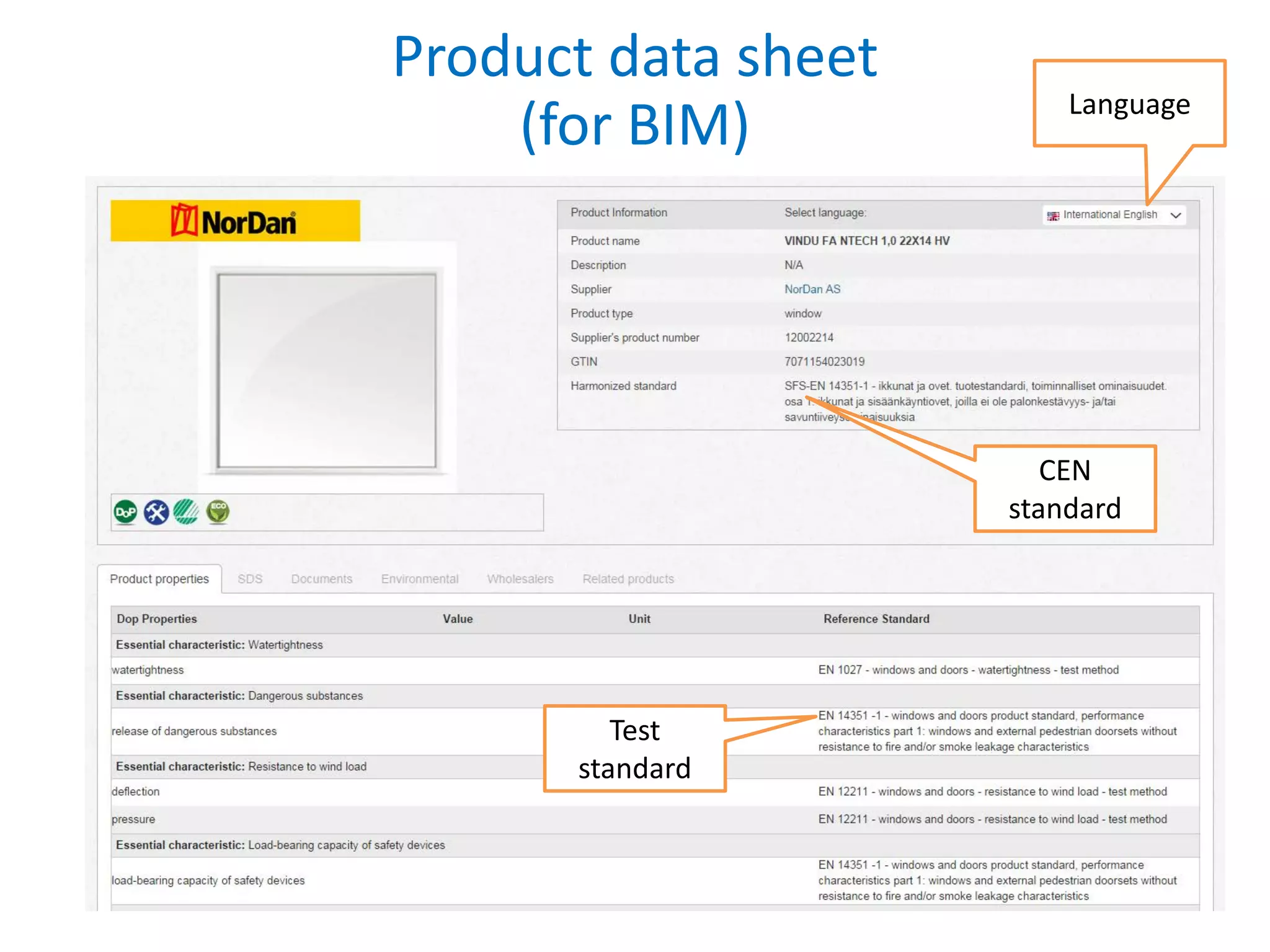 Product data sheet
(for BIM) Language
CEN
standard
Test
standard
 