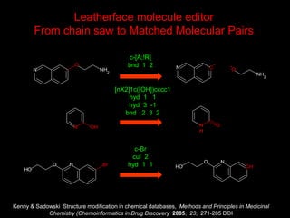 Leatherface molecule editor 
From chain saw to Matched Molecular Pairs 
c-[A;!R] 
bnd 1 2 
c-Br 
cul 2 
hyd 1 1 
[nX2]1c([OH])cccc1 
hyd 1 1 
hyd 3 -1 
bnd 2 3 2 
Kenny & Sadowski Structure modification in chemical databases, Methods and Principles in Medicinal 
Chemistry (Chemoinformatics in Drug Discovery 2005, 23, 271-285 DOI 
 