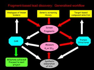 Fragment-based lead discovery: Generalised workflow 
Target-based compound selection 
Analogues of known binders 
Generic screening library 
Measure Kdor IC50 
Screen Fragments 
Synthetic elaboration of hits 
SAR 
Protein 
Structures 
Milestone achieved! 
Proceed to next project  