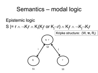 Semantics – modal logic
Epistemic logic
S |= r ∧ ¬Kir ∧ Ki(Kjr or Kj¬r) ∧ Kjr ∧ ¬Kj¬Kir
	
  q	
  	
  	
  r	
  
r	
  q	
  
...