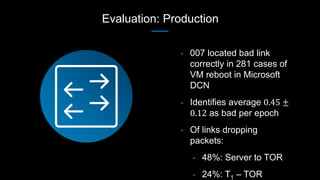 Evaluation: Production
• 007 located bad link
correctly in 281 cases of
VM reboot in Microsoft
DCN
• Identifies average 0....