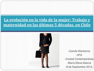 La evolución en la vida de la mujer: Trabajo y 
maternidad en las últimas 5 décadas, en Chile 
-Camila Wenborne 
-IIIºA 
-Ciudad Contemporánea 
-María Elena Abarca 
-8 de Septiembre 2014. 
 