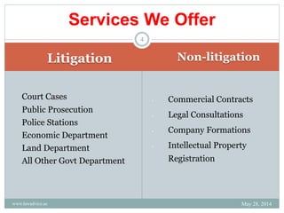 Litigation Non-litigation
• Court Cases
• Public Prosecution
• Police Stations
• Economic Department
• Land Department
• All Other Govt Department
• Commercial Contracts
• Legal Consultations
• Company Formations
• Intellectual Property
Registration
Services We Offer
May 28, 2014
4
www.lawadvice.ae
 