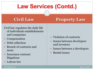 Civil Law Property Law
Civil law regulates the daily life
of individuals establishments
and companies
 Compensation
 Debt collection
 Breach of contracts and
more
 Insurance contract
litigations
 Labour law
 Violation of contracts
 Issues between developers
and investors
 Issues between 2 developers
 Rental issues
May 28, 2014www.lawadvice.ae
6
Law Services (Contd.)
 