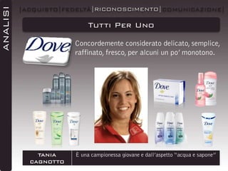 ANALISI

|ACQUISTO|FEDELTÀ|RICONOSCIMENTO|COMUNICAZIONE|

Tutti Per Uno
Concordemente considerato delicato, semplice,
raffinato, fresco, per alcuni un po’ monotono.

TANIA
CAGNOTTO

È una campionessa giovane e dall’aspetto “acqua e sapone”

 